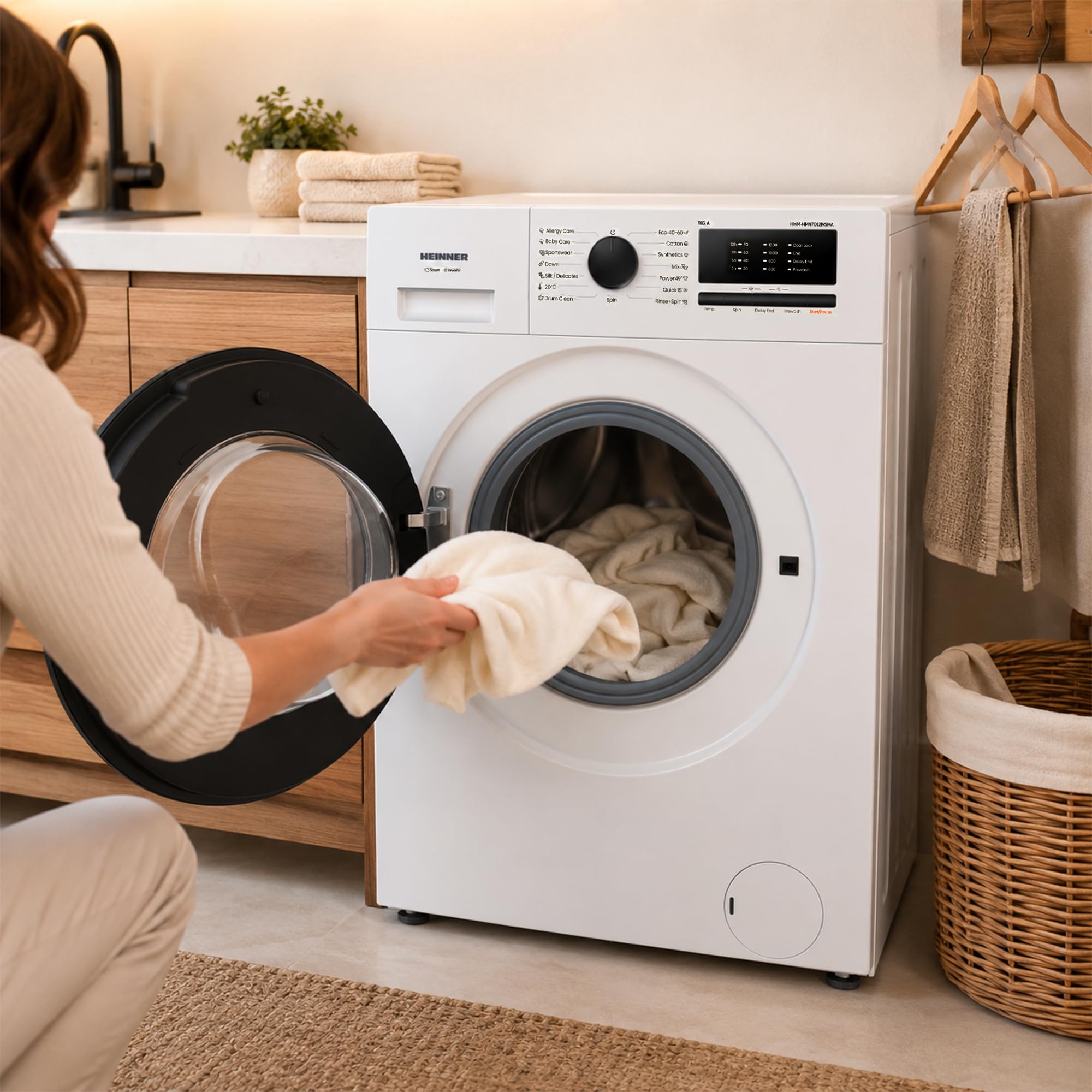 Waschmaschine 7 kg Slim Frontlader nur 38,5 cm tief, 1200 U/min, Inverter Motor, 15 Programme inkl. Steam Care, Energieklasse A, Quick 15', Kindersicherung, Weiß, HWM-HMN7012IVSMA