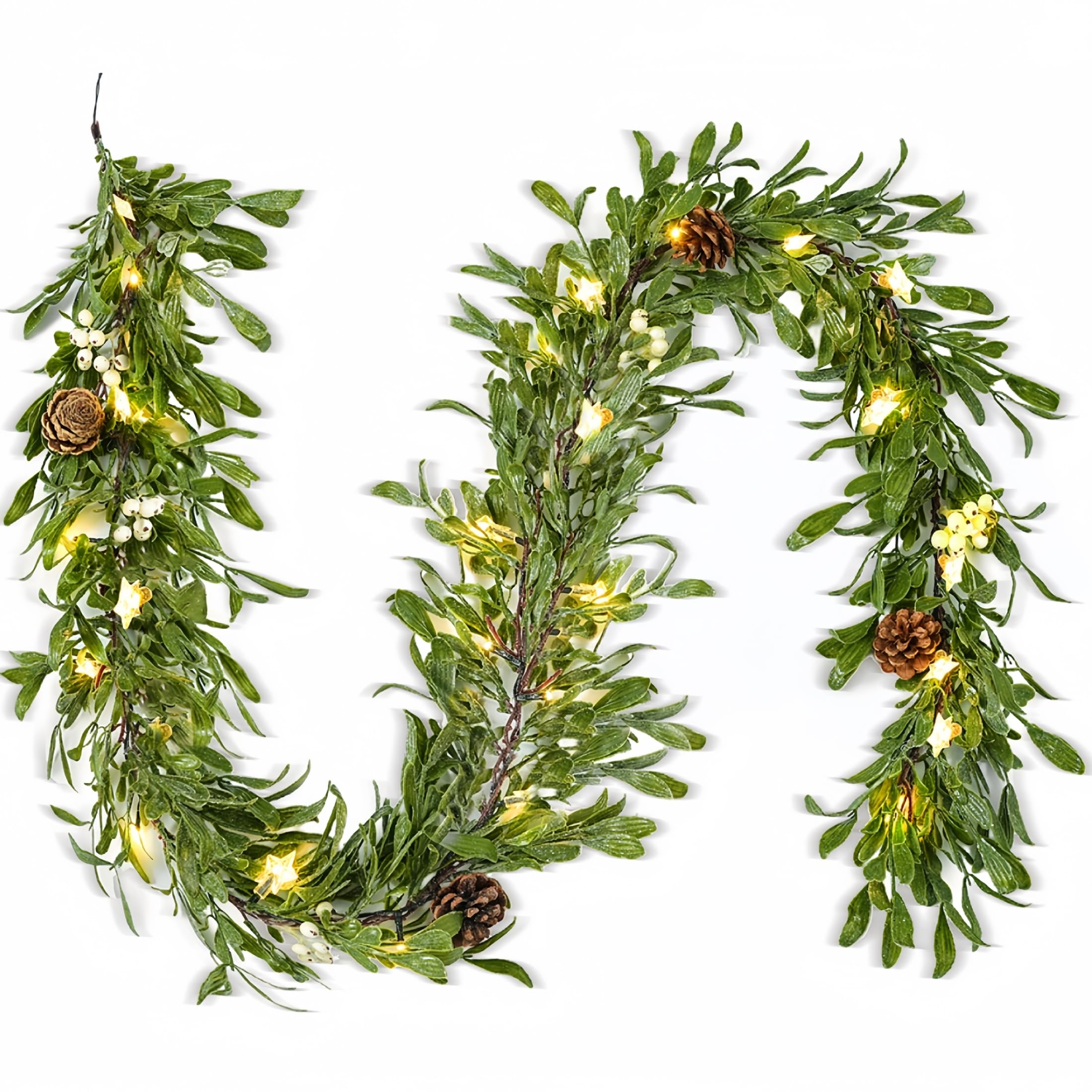 Flopttsun 6FT Lighted Garland Christmas with Timer, Faux Cedar Garland Realistic with Berry Pinecone,Xmas Vines for Fireplace Indoor Outdoor Winter