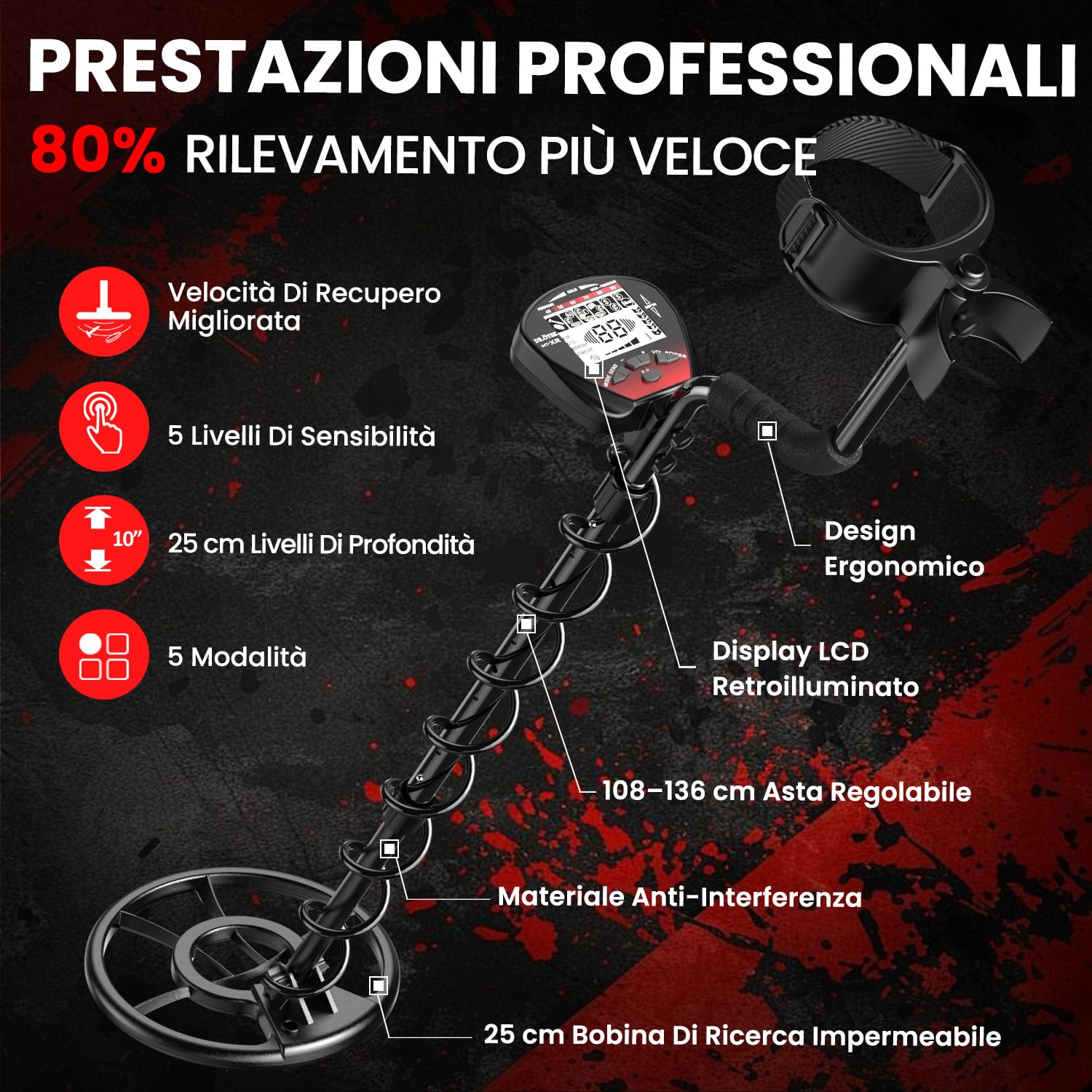 DR.ÖTEK Metal Detector per Adulti Professionali, Leggero Rilevatore, Modalità Pinpoint e di Memoria Esclusiva, Maggiore Precisione, Bobina Impermeabile IP68 (Metal Detector Kit MTXR Rosso)