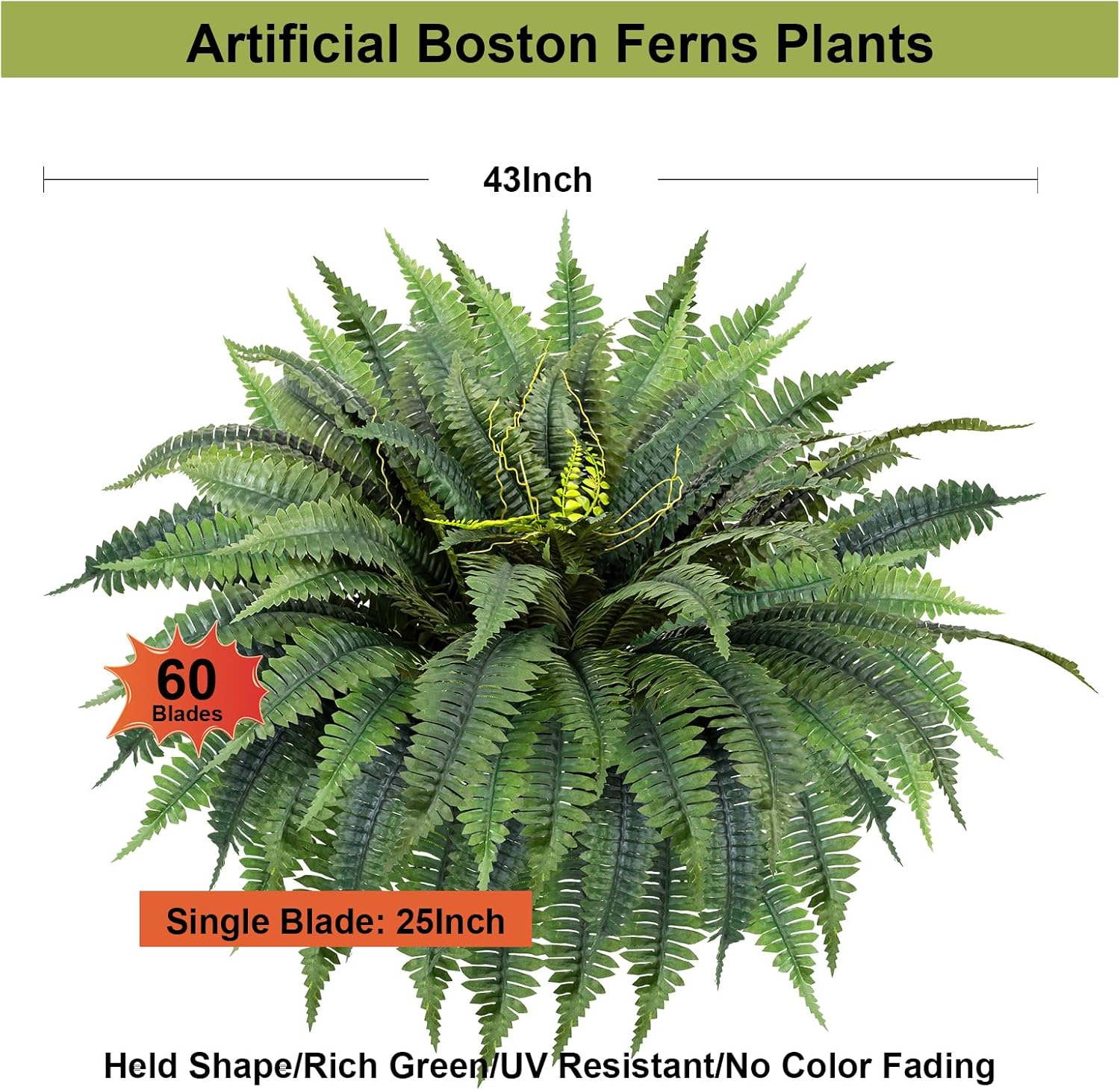 Artificial Boston Ferns, 2Pcs 48 Inch Large Fake Ferns Plants for Indoor  Outdoor Decor, 88 Branch Greenery for Office, Living Room, Garden