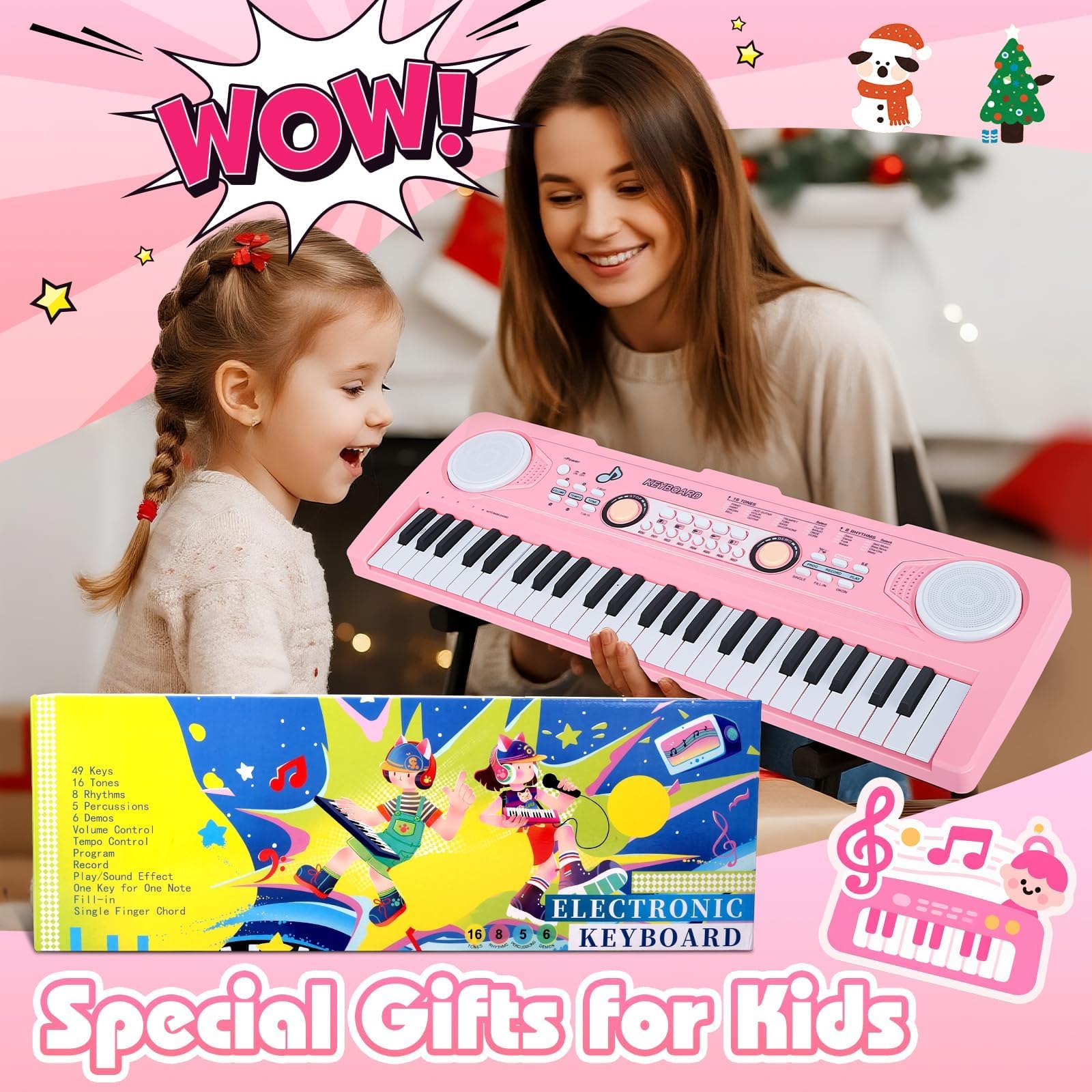 Piano Teclado Infantil Juguetes para Edades 3-5 49 Teclas Teclados Electrónicos con Micrófono Juguete Musical Regalos para Niños y Niñas de 3 4 5 6 7 Años