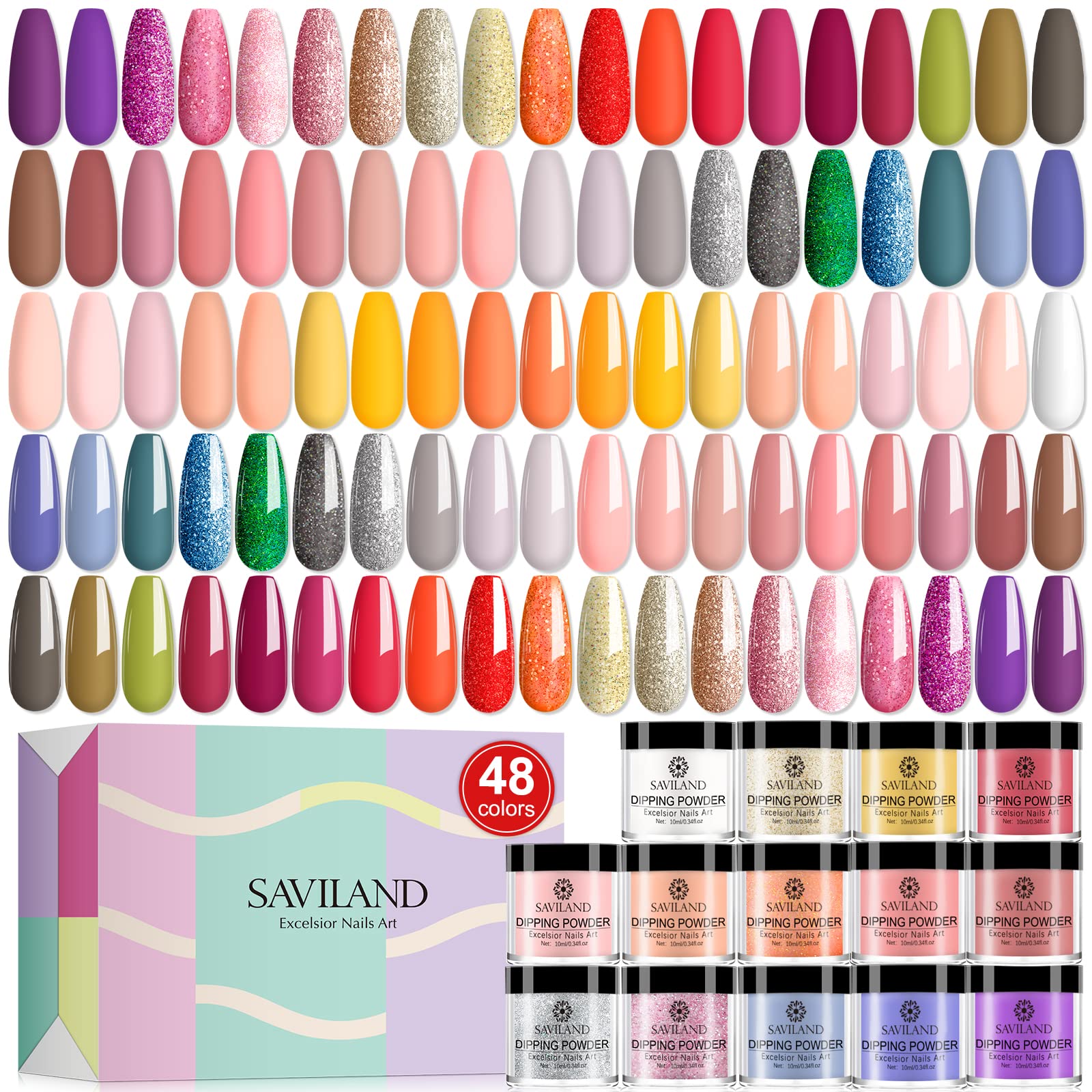 Saviland 48 Colors Dip Powder Set - Dip Nail Powder for All Seasons Glitter Sequins Solid Colors Nail dipping Powder, Only Include Nail Dip Powder, for Home DIY Nail Salon Use, 2022 Gift for Ladies