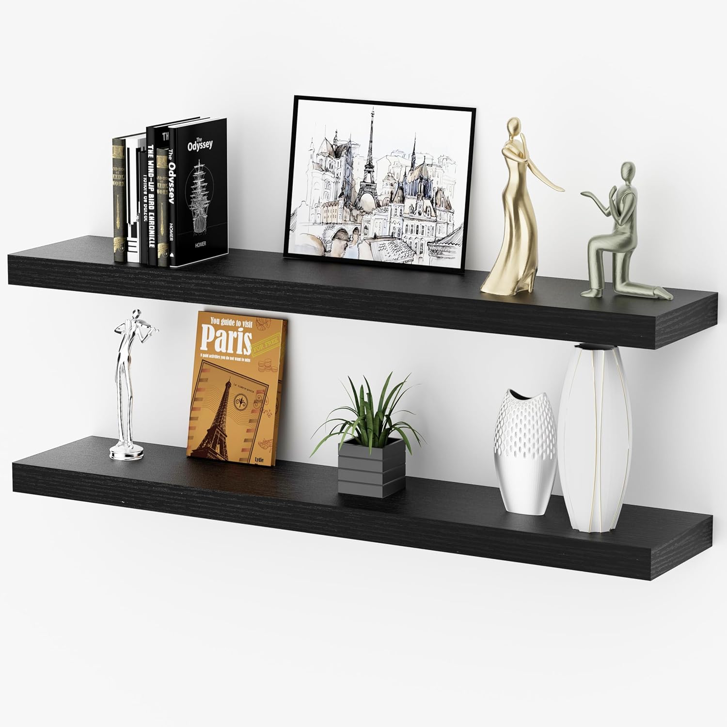 Floating Shelves for Wall, Bathroom Shelves Over Toilet, Wall Shelves & Book Shelf for Room, Hanging Shelf, Modern Wooden Mounted Floating Shelves, 36x7x1.5 in (Black, Set of 2)