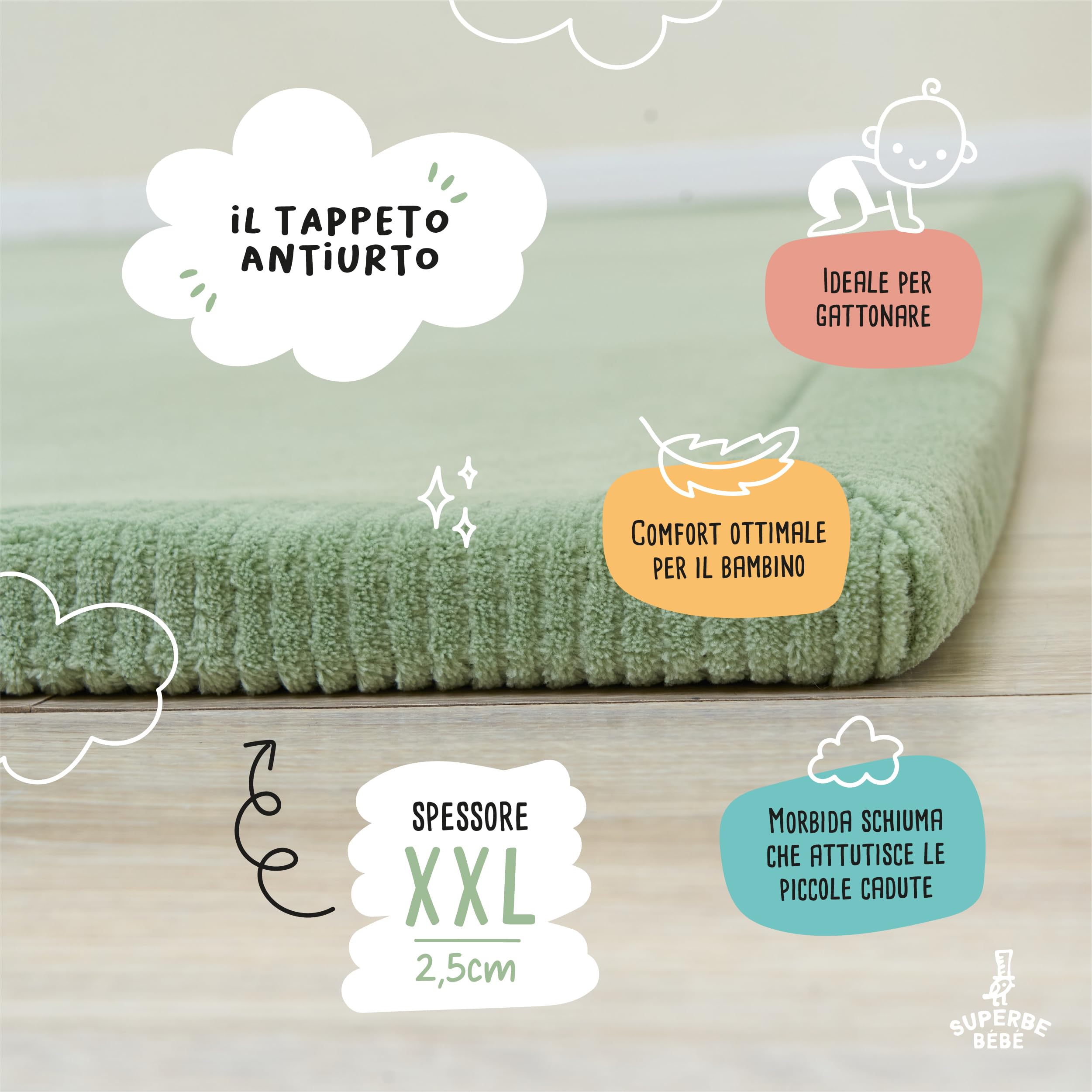 SUPERBE BEBE – Tappeto Gioco per Bambini 150 × 200 × 2,5 cm – Spesso e Antiurto – Schiuma Memory Non Tossica Oeko-Tex – Tappeto per Cameretta e Stanza Giochi – Design Elegante