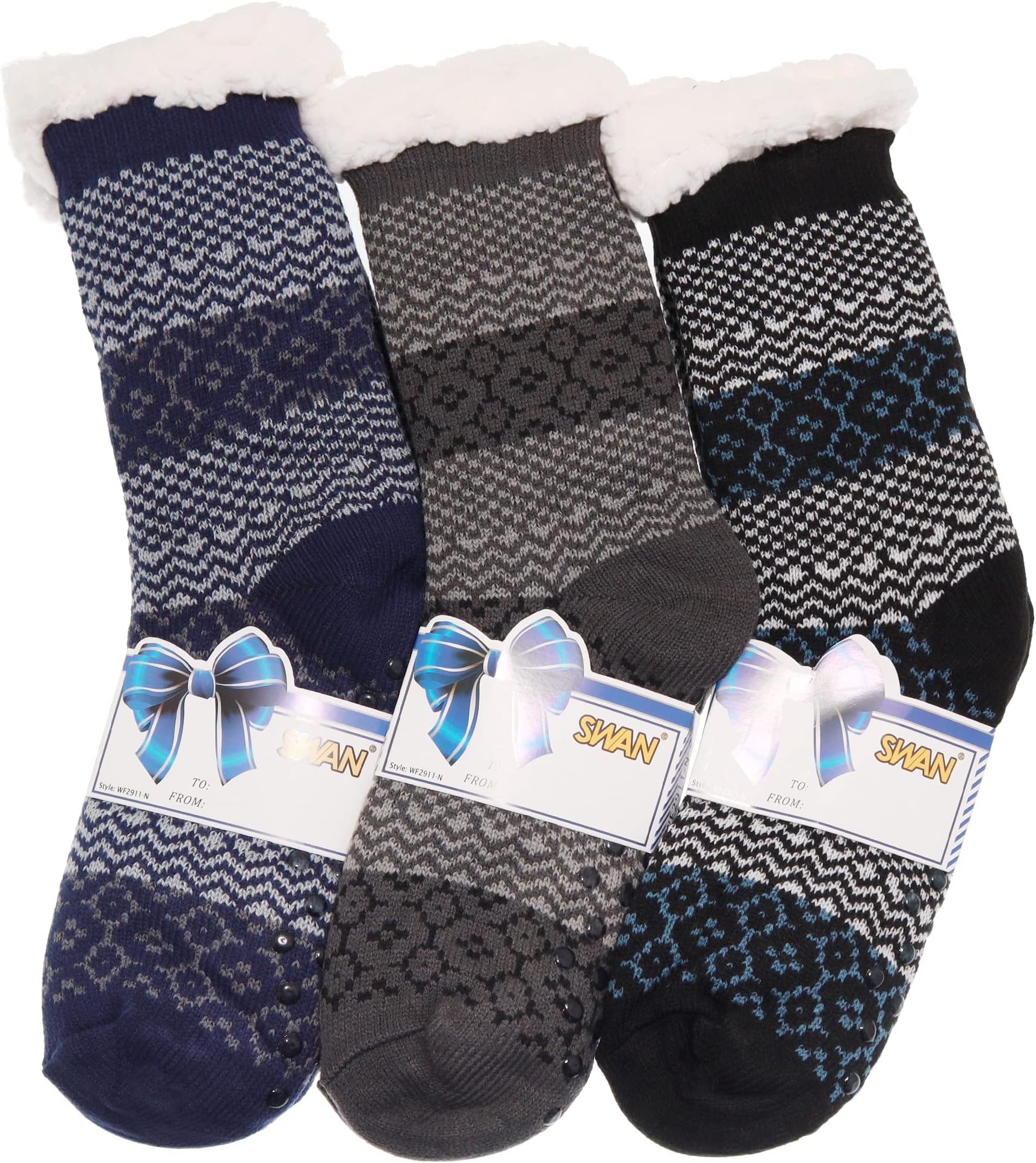 Swan Men's Sherpa-Lined Thermal Christmas Holiday Winter Slipper Socks with Gift Tags (3-Pack)
