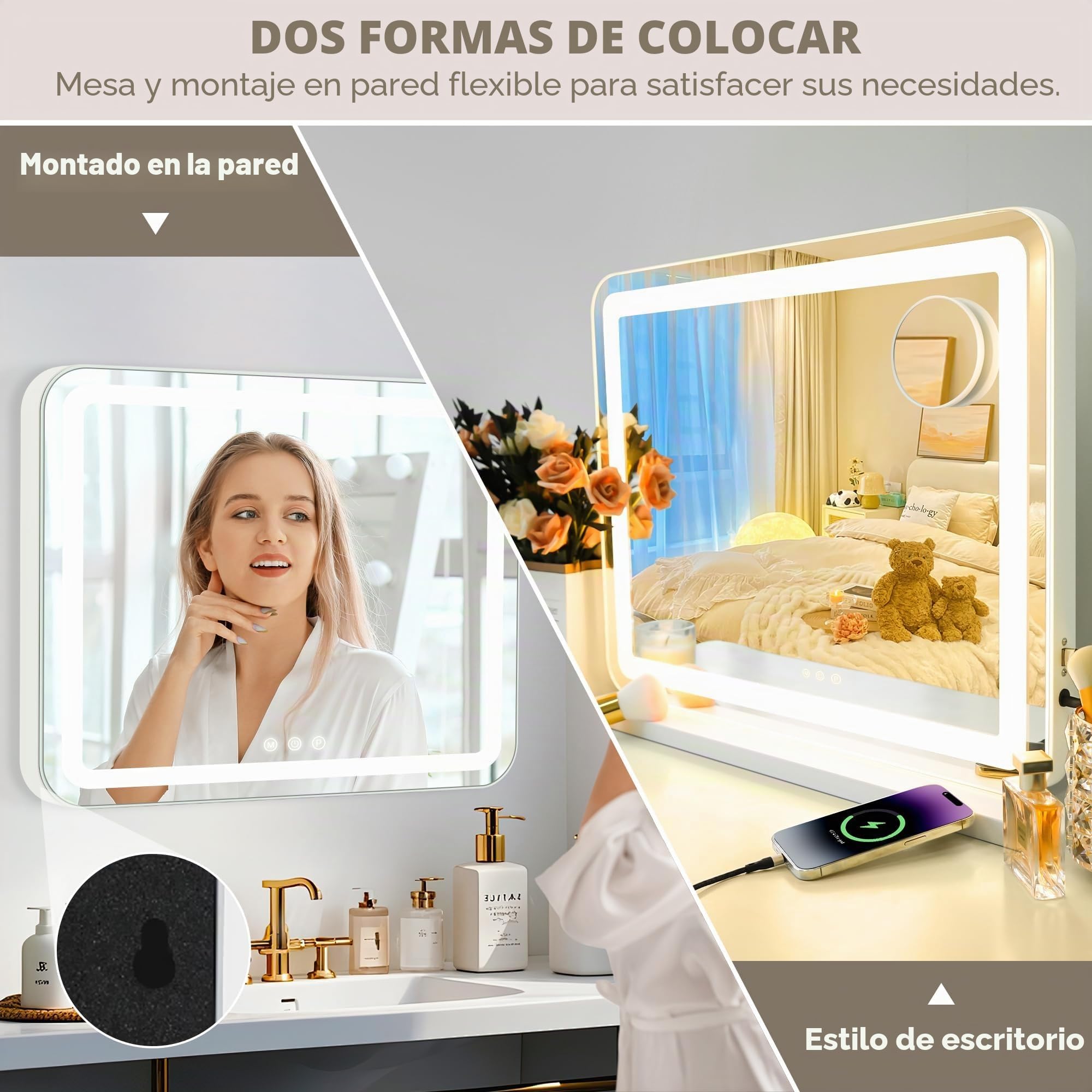 LuxeVue Espejo de tocador grande con luces, espejo de maquillaje de 23 x 19 pulgadas, espejo Hollywood con 3 modos de color, sensor táctil, espejo de zoom 15x de 3.5 pulgadas, diseño de carga USB