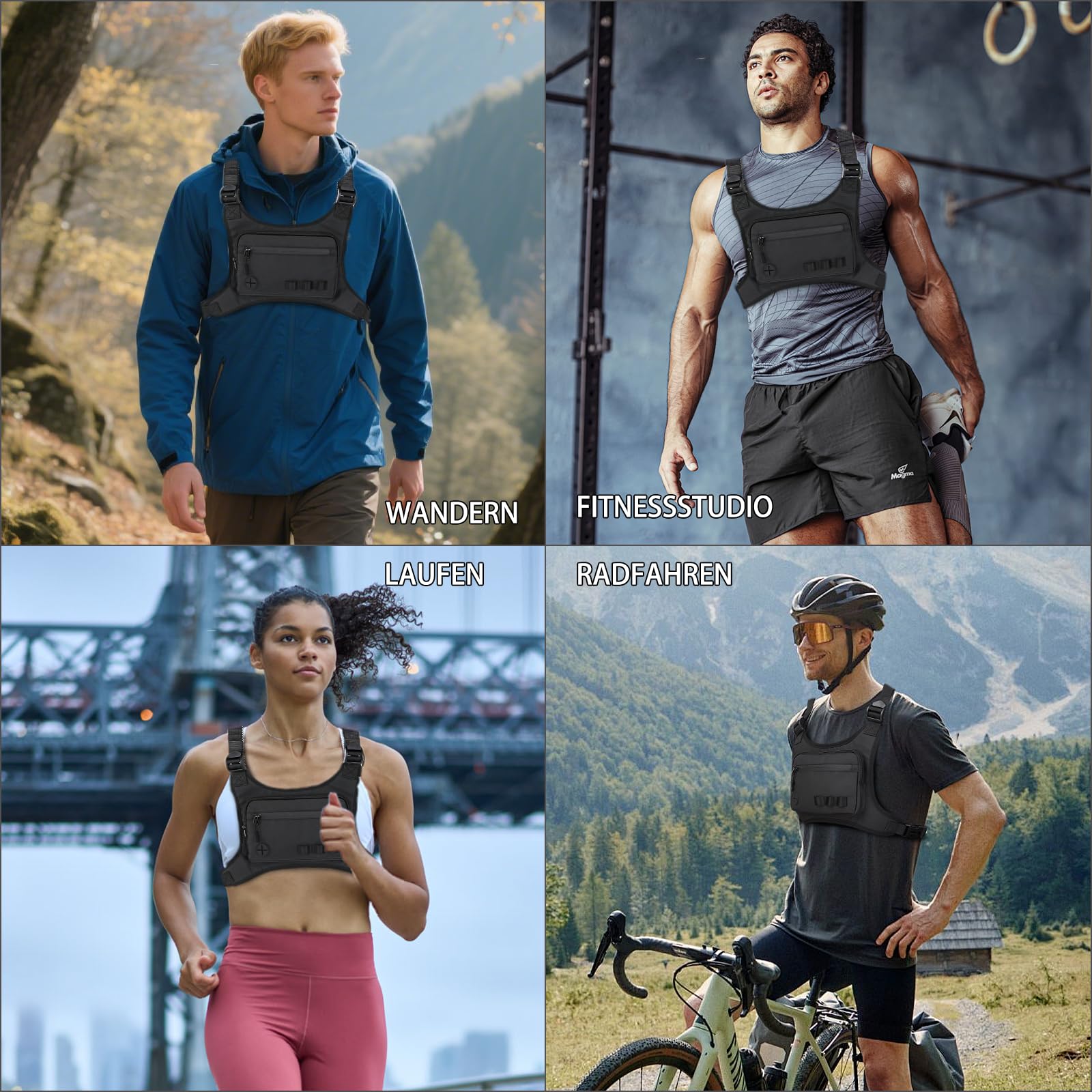 KINGSLONG Herren Brusttasche Leichte Taktische Brusttasche Sporttasche Schultertasche Wasserdichte Laufrucksack mit Tasche Zusätzlichem Stauraum für Traning Laufen Radfahren Wandern Camping Schwarz