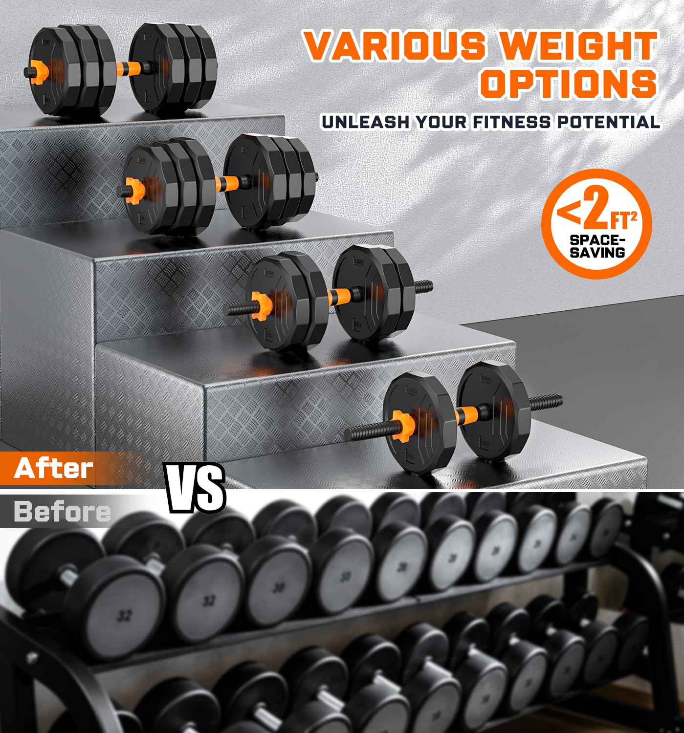 5-in-1 Adjustable Dumbbell Set, 33/44/66/88lbs Free Weights Set with Connector, Used as Kettlebells, Barbell, Push up Stand, Standard 1" Plates, Fitness Exercises for Home Gym Suitable Women/Men