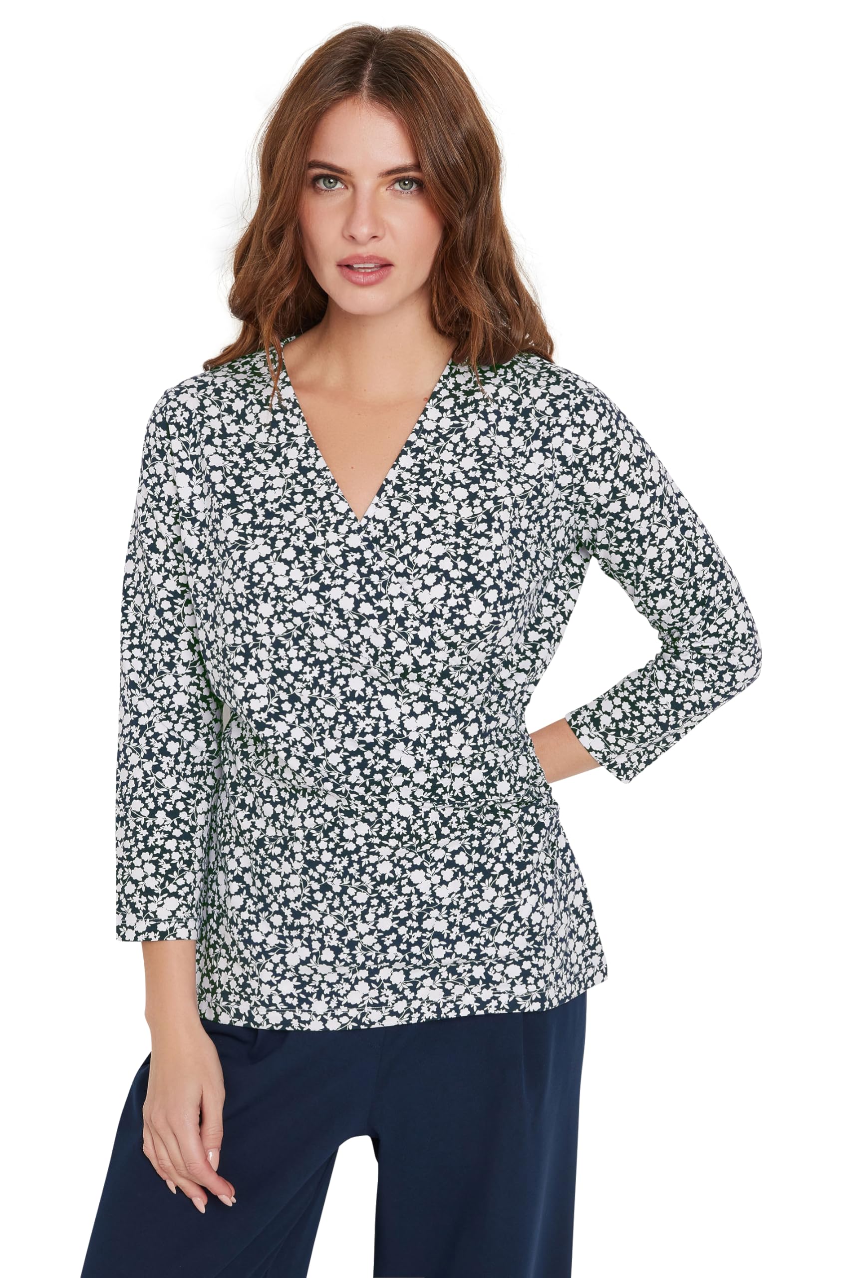 Women's Blue M&Co M&Co Navy Floral Print 3/4 Sleeve Wrap Top Size 14