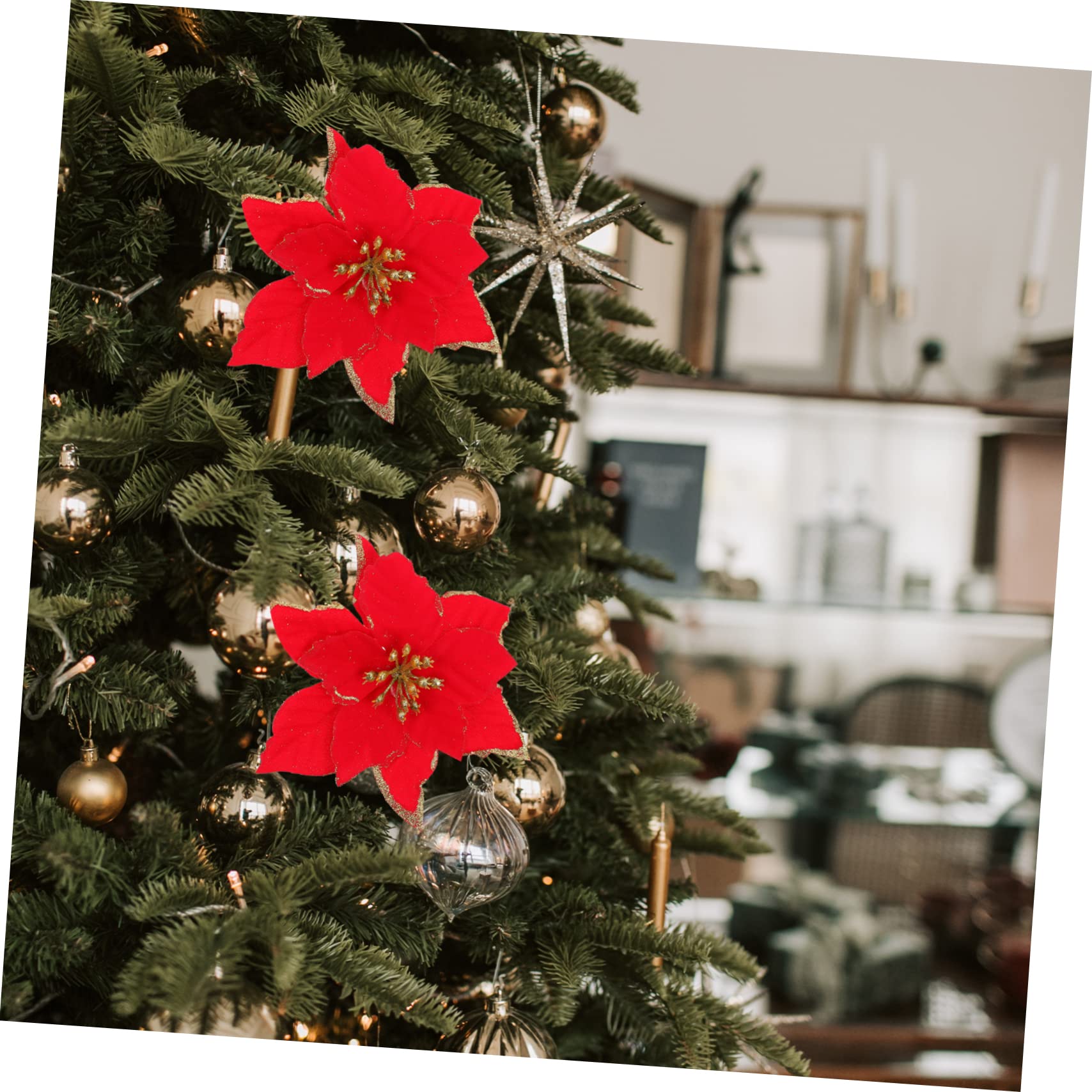 ABOOFAN 96piezas Flores Artificiales Brillantes para Decoración Navideña De Poinsettia Roja Adornos para Árbol Guirnalda y Manualidades Navideñas