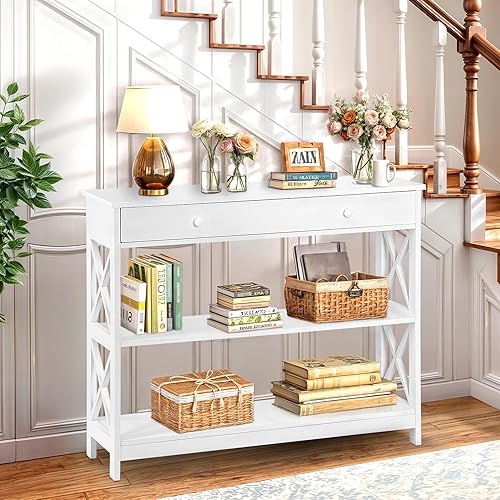 Miniatura 8 de Nouva Mesa consola de 3 niveles, mesa de entrada de 40 pulgadas con 1 cajón, mesa de pared estrecha y larga, mesas de sofá con almacenamiento para