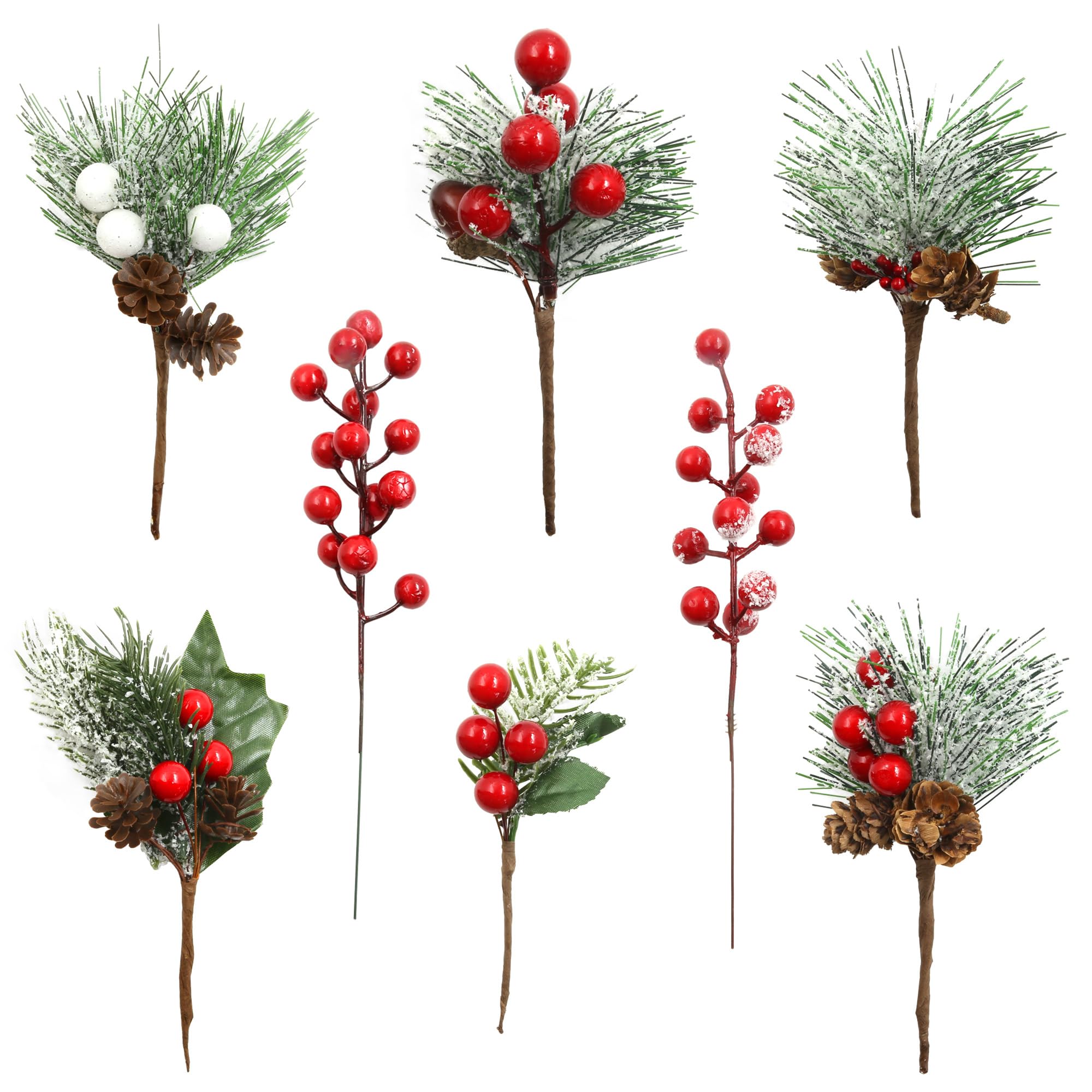 8 púas de Navidad artificiales de bayas rojas, agujas de pino, ramas, conos de pino, bellota, tallo de acebo, púas florales de invierno, cubiertas de nieve, para árbol de Navidad, manualidades