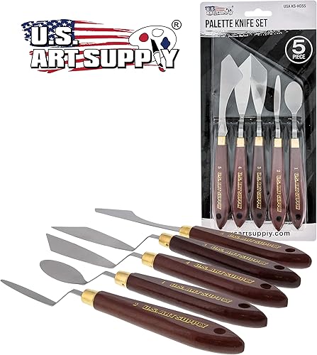 Miniatura 5 de U.S. Art Supply Juego de 5 cuchillos de paleta de acero inoxidable para artistas, espátula flexible de madera Hande para mezclar colores, aplicar
