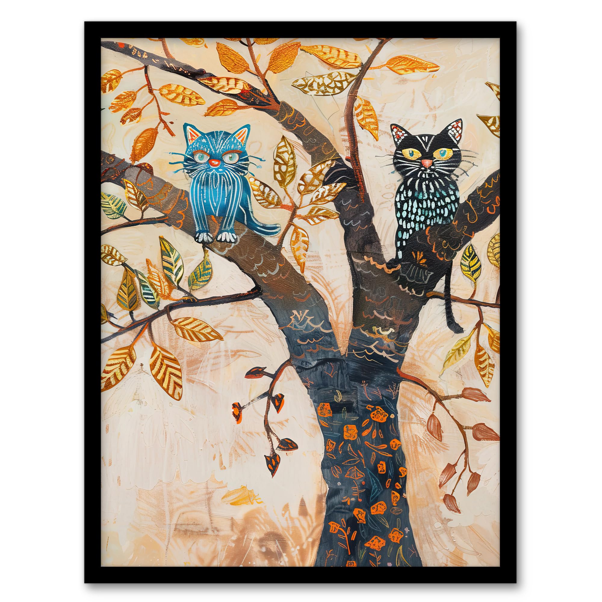 Artery8 Two Kittens On An Autumn Tree Folk Art Cat Lover Wall Art PrintA4 Size from B&Q