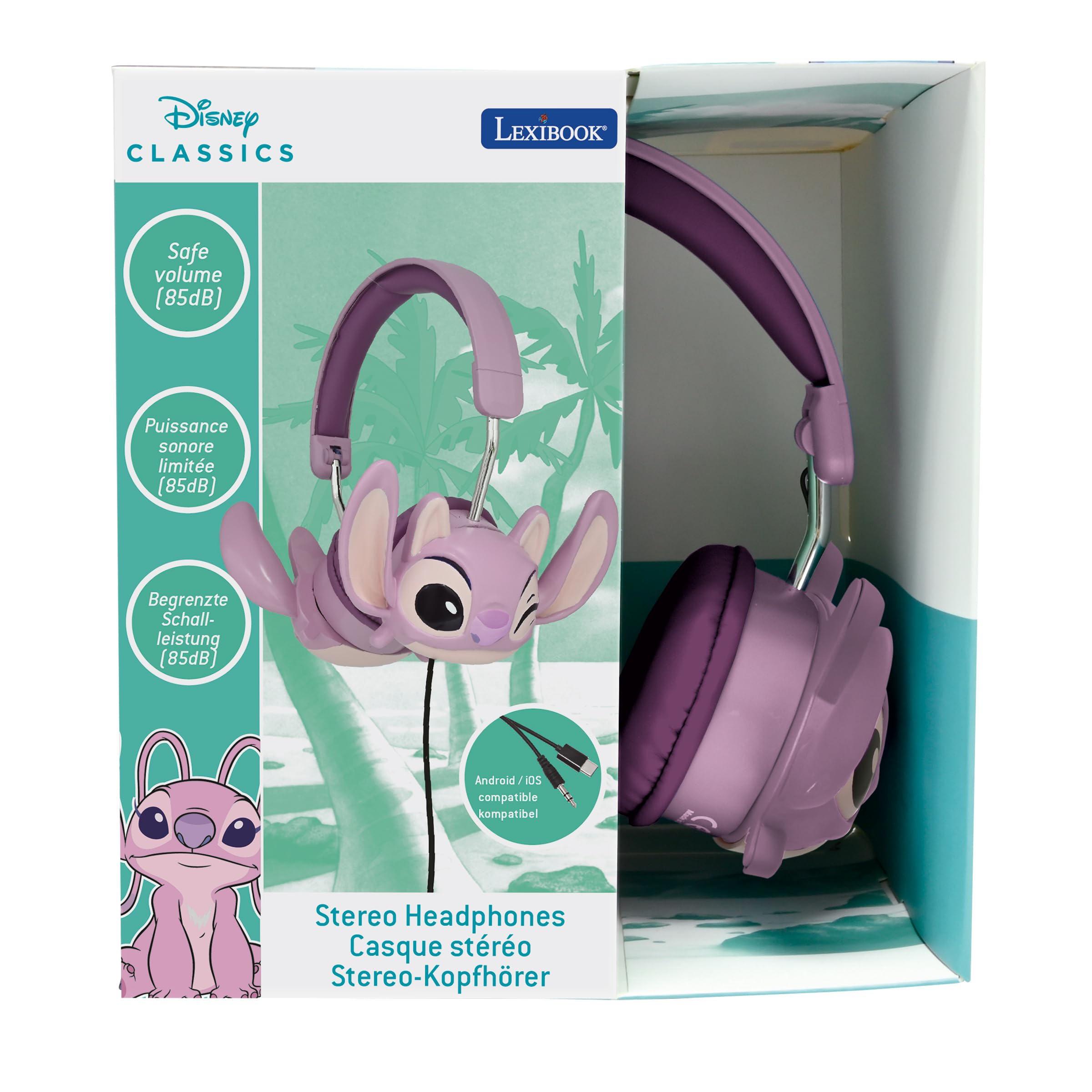 LEXIBOOK, Disney Stitch, Auriculares estéreo con Cable Stitch 3D, Plegables, Potencia de Sonido Limitada, HP015D