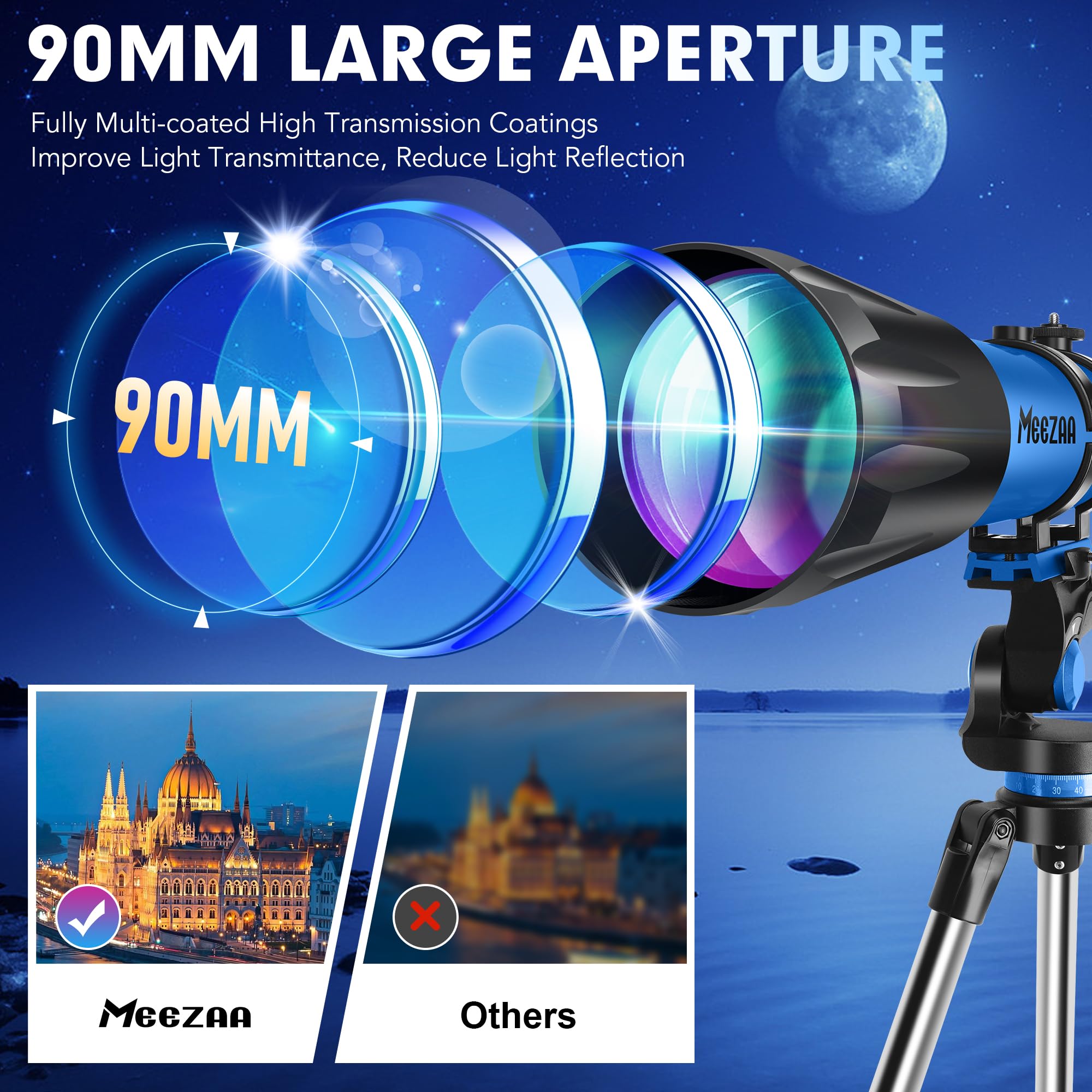 MEEZAA Telescopio Astronomico Professionale Potente Adulti, Bambini e Principianti, 90 mm Apertura 800 mm Portatile Telescopio Riflettore con Treppiede, Borsa, Adattatore per Telefono e Filtro Lunare