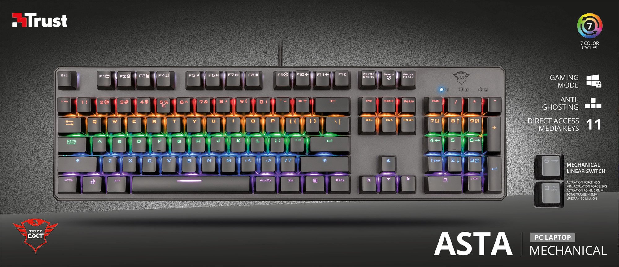 Trust Gaming GXT 865 Asta Tastiera Meccanica Gaming, Switch Red (Tasti Meccanici Rosso), Retroilluminazione, Anti Ghosting N-key Rollover, Piastra Superiore in Metallo, Nero [Layout Italiano]