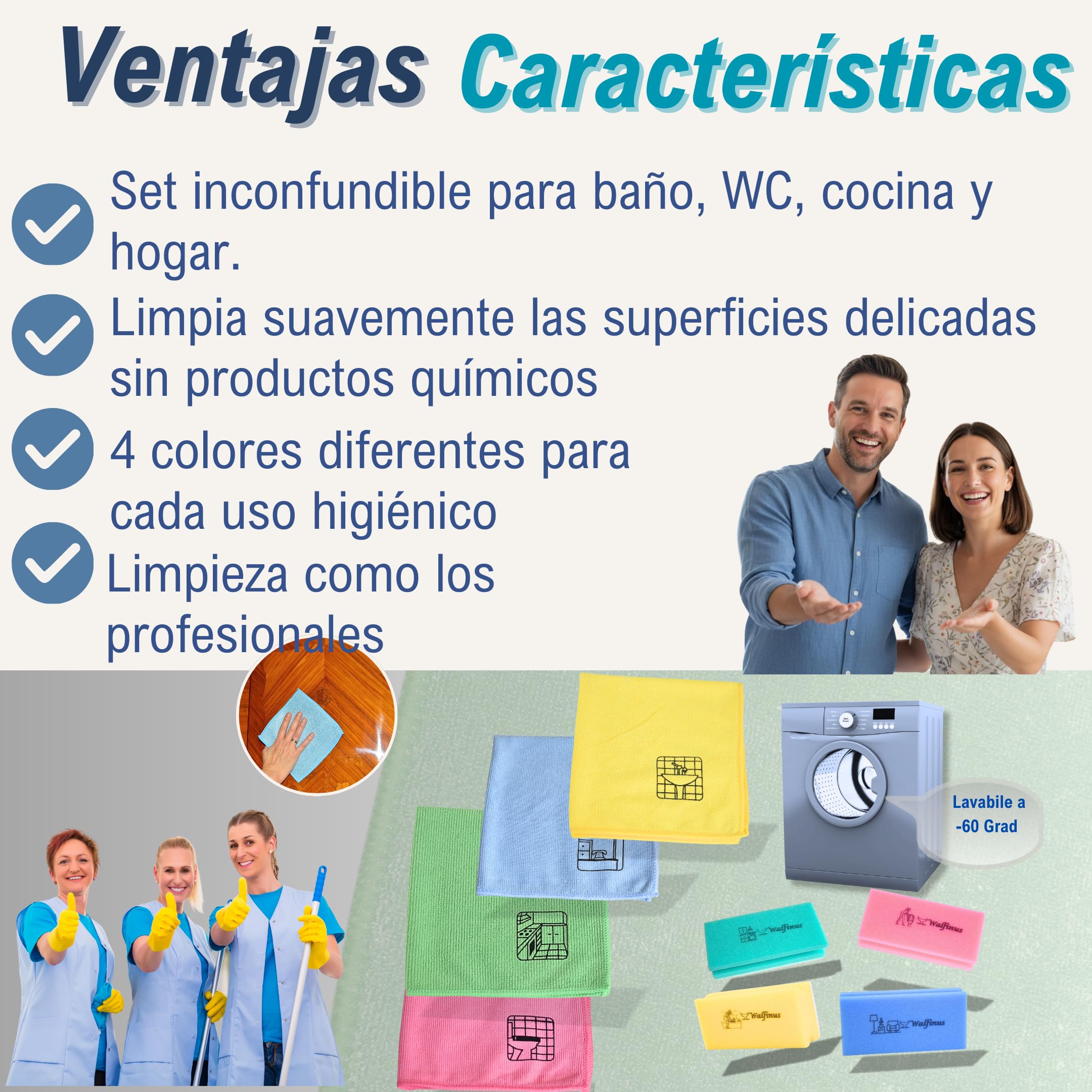 Hygiene XXL - Juego de 12 paños de microfibra para limpieza | Esponjas de limpieza con pictograma, sin rayas, sin arañazos, extraabsorbentes y lavables, sistema de color profesional.