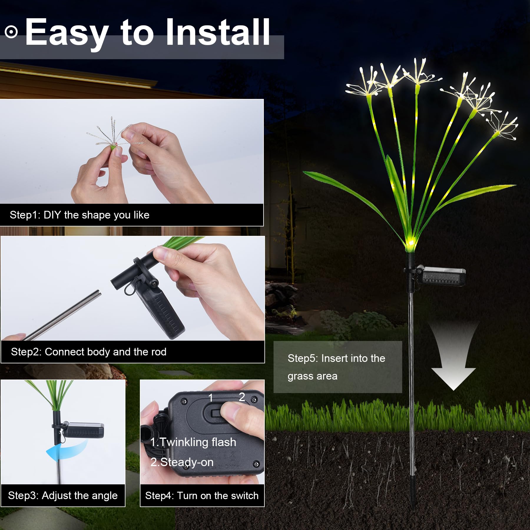 Solar-Feuerwerk-Lichter für den Außenbereich, wasserdicht, 4 Stück, funkelnde Glühwürmchen-Gartenleuchten mit 2 Modi, 120 LEDs, für Hof, Terrasse, Weg, Dekoration, einzigartige
