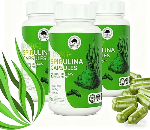 3 botellas de cápsulas de espirulina, suplemento de espirulina premium, apoya el sistema inmunológico, corazón saludable, vegano, sin gluten, rico