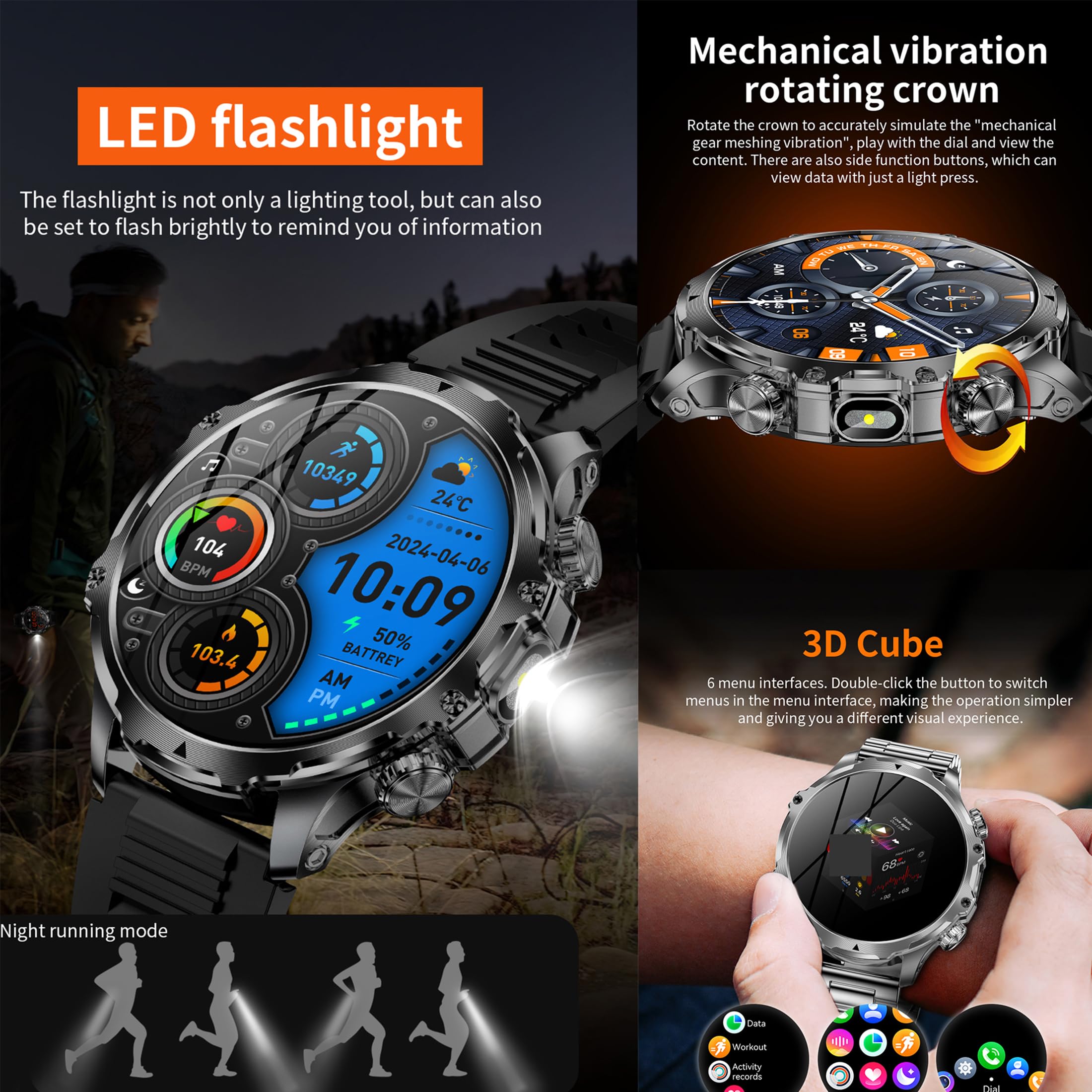 Reloj inteligente AMOLED de 1,85 pulgadas para hombre con función de teléfono, batería de 800 mAh, linterna, reloj inteligente de 5 ATM, rastreador de actividad con 123 modos deportivos