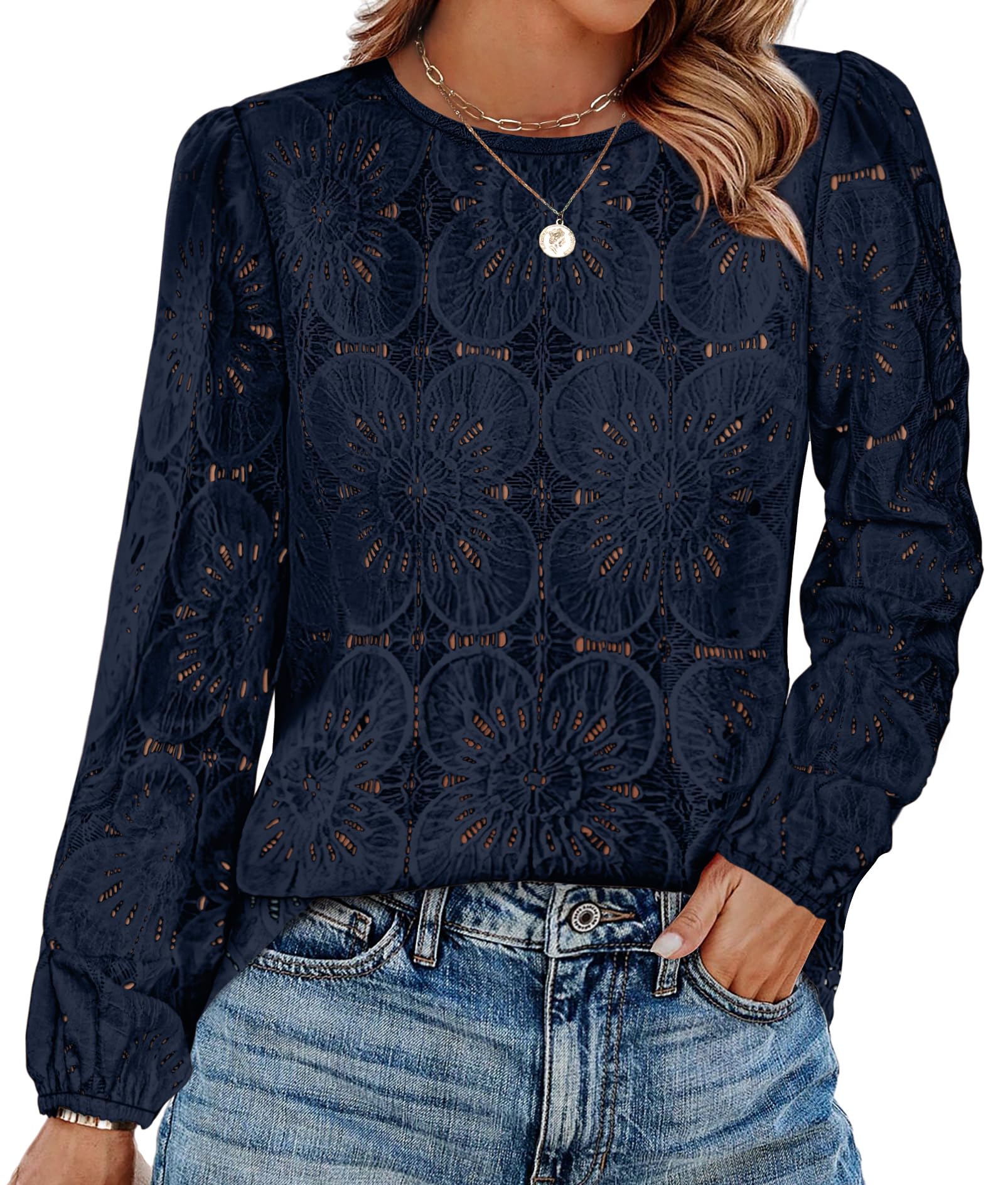 OFEEFAN Blouses for Women Dressy Casual Spring Tops 2026 Summer Outfits Flower Lace Crochet Long Sleeve Shirts