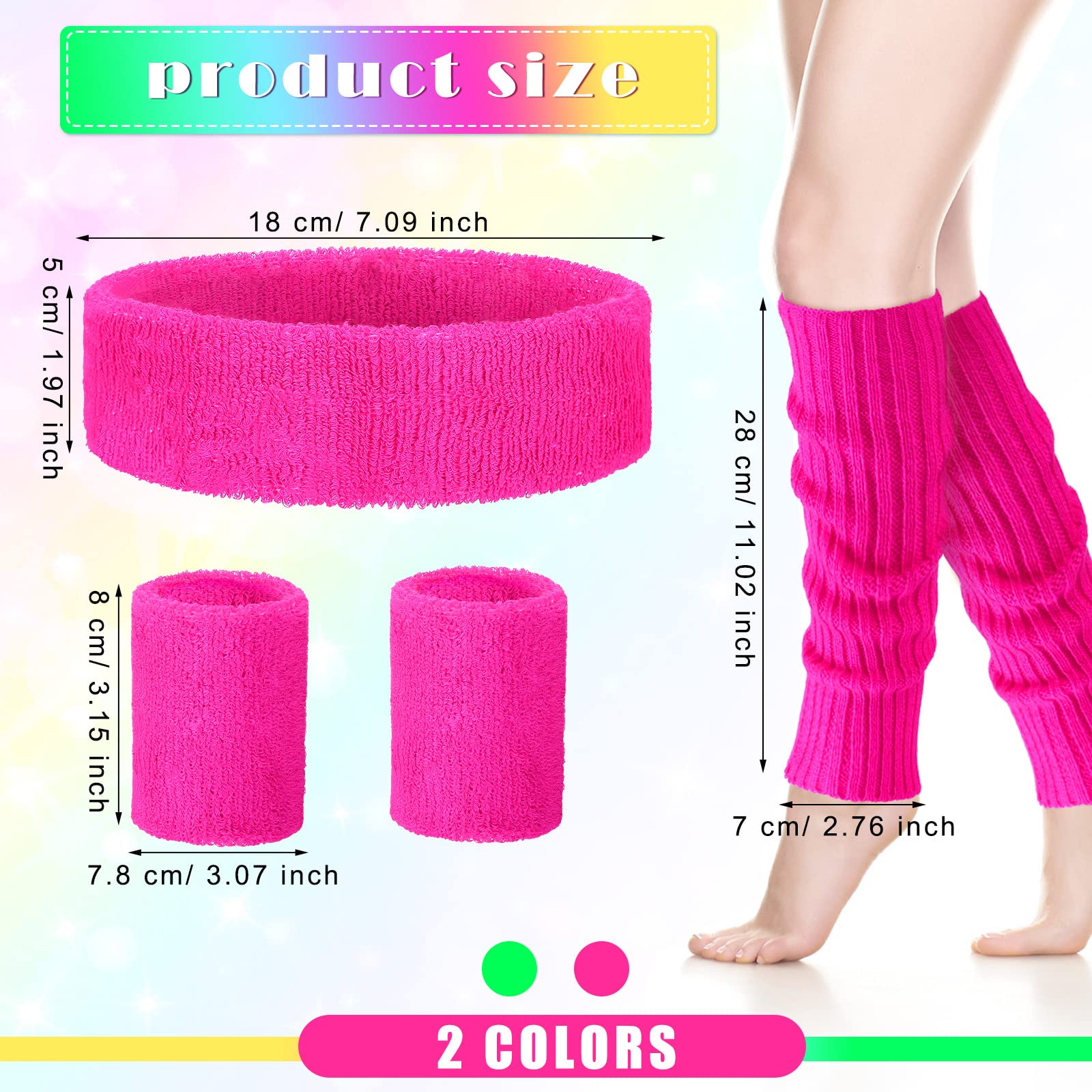 Giegxin 2 Set 80s Leg Warmers Set for Girls Kids Neon Ribbed Knit Leg Warmers Fitness Headband Wristbands for Cosplay Party(Rose Red, Green)