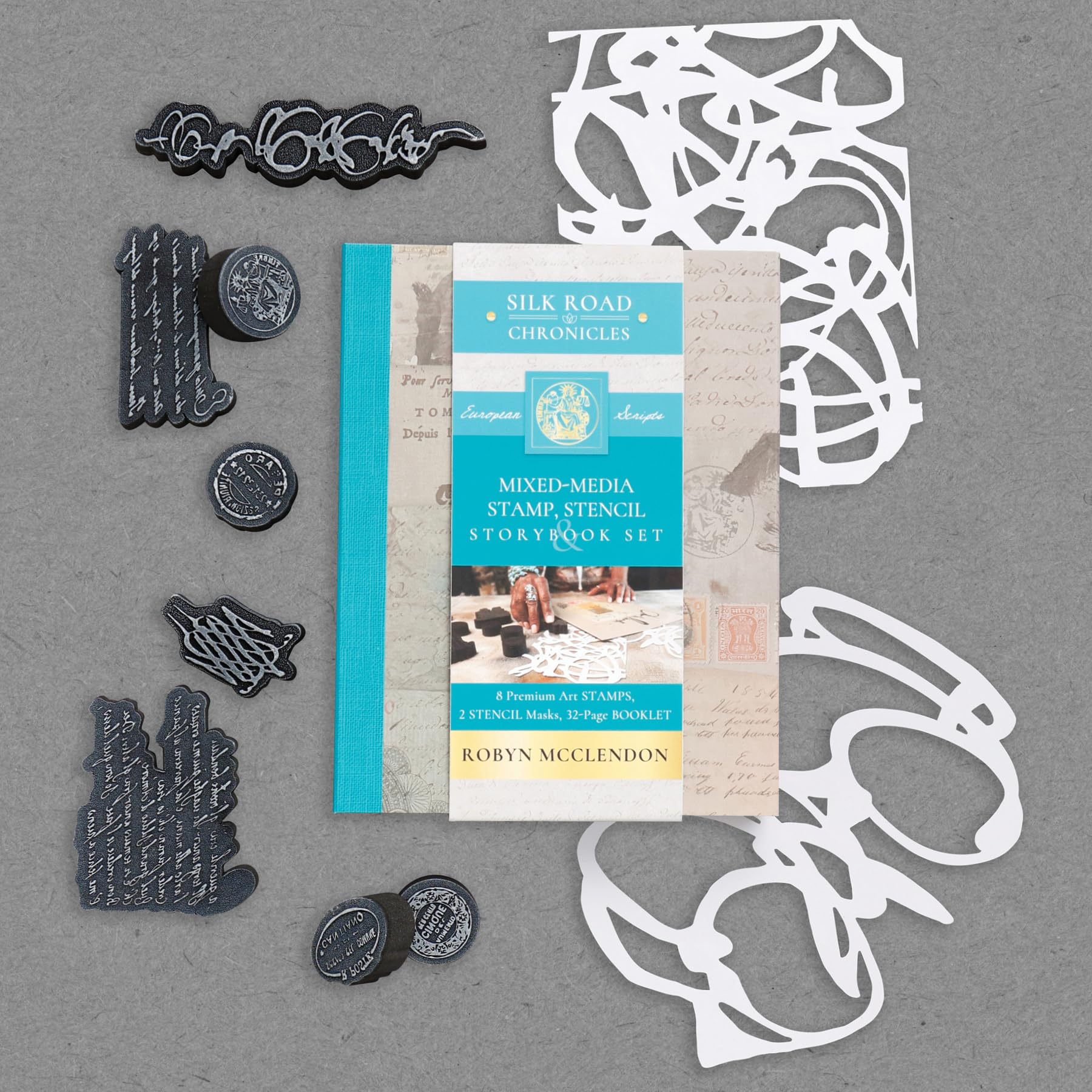 Schiffer Craft Mixed-Media Stamp, Stencil, and Storybook Set European Scripts: 8 Premium Art Stamps, 2 Stencil Masks, and 32-Page Instruction Booklet
