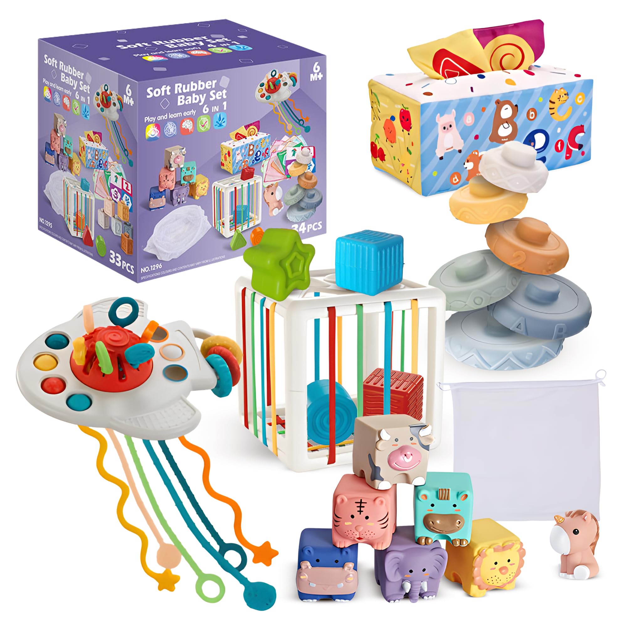 Babybaipro-Set de Juguetes Montessori Sensoriales y Educativos para Bebés, Niño-Niña, 6 en 1: Bloques Apilables, Caja Pañuelos. Regalo Nacimiento, Cumpleaños, 6 a 36 Meses, 2 años No tóxico 34 Piezas