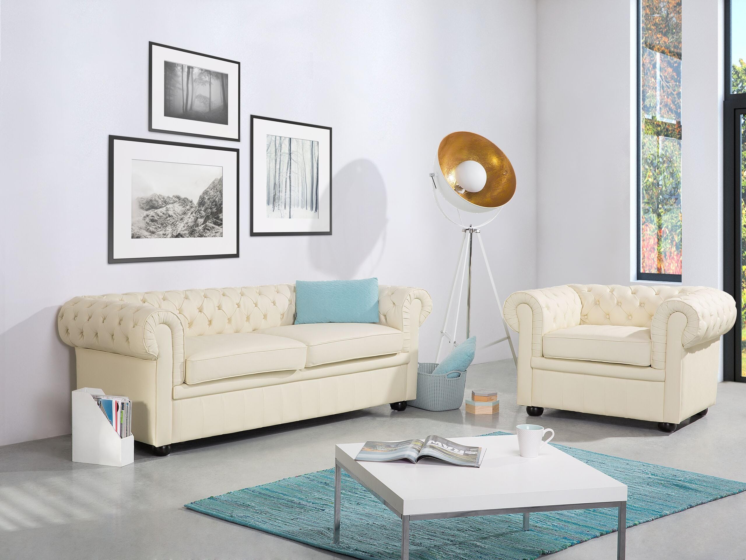 Beliani Klassisches Sofa mit Sessel Echtleder Hellbeige Chesterfield