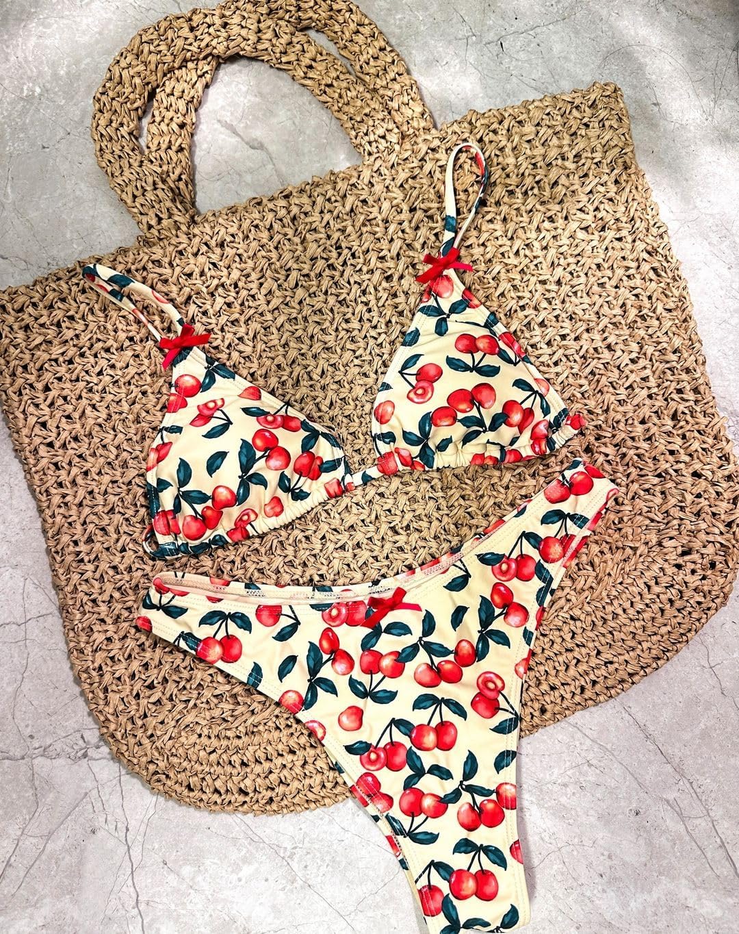 seamoly Women's Bikini Sets Tie Back Bowknot Two Piece Swimsuits Triangle Thong Bathing Suit Gingham Floral Cherry Printing - Image 3