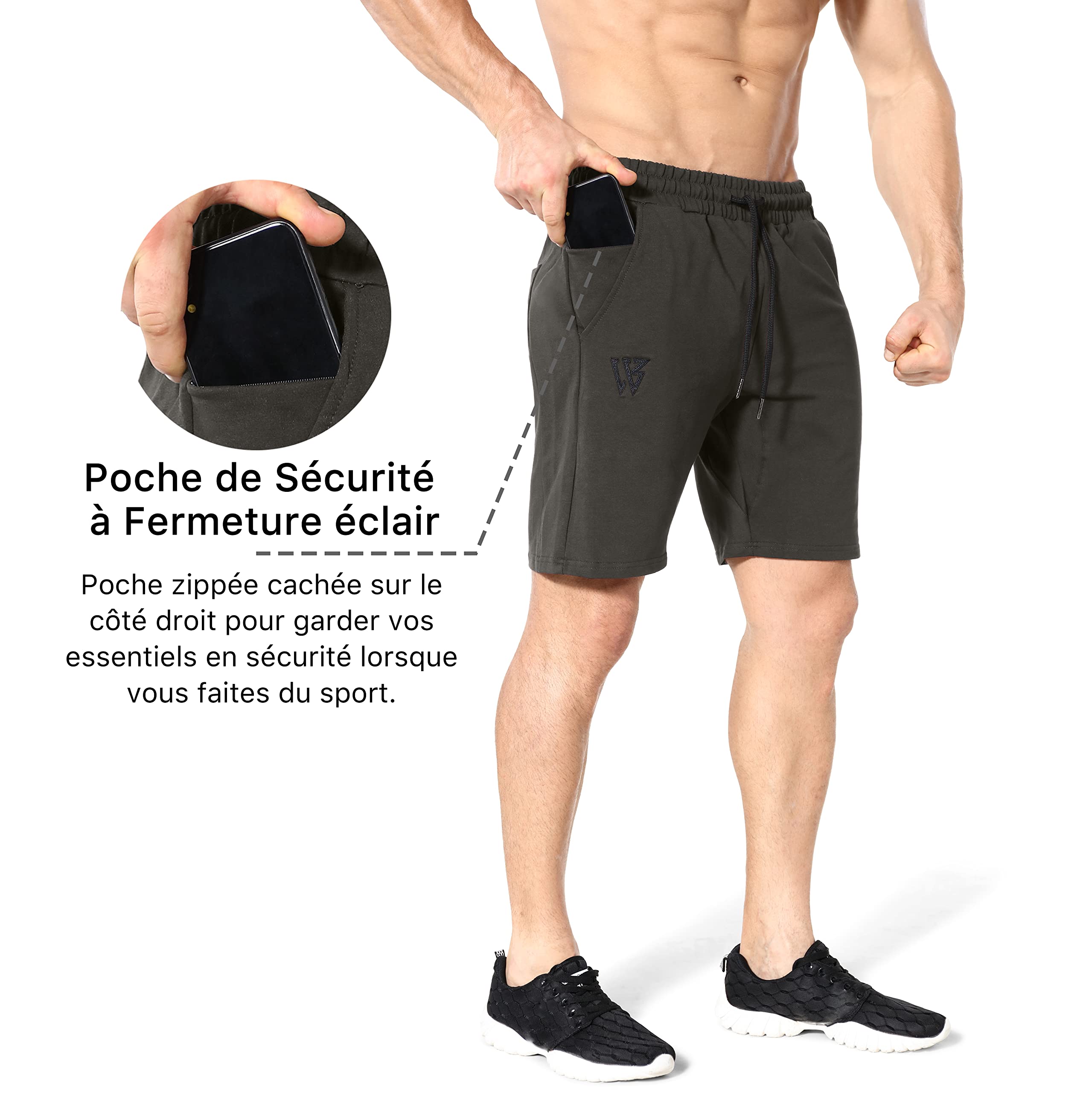 BROKIG - Pantalón corto deportivo para hombre, algodón, con bolsillos con cremallera