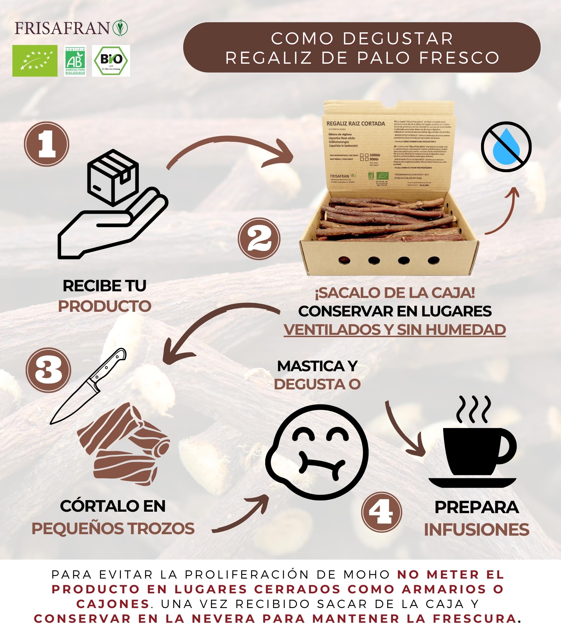 FRISAFRAN | Regaliz de palo Fresco - Humedo | Ecológico | RECIEN COSECHADO | regaliz de palo | Bastones de regaliz | palulu | paloduz | palo dulce | Raíz de regaliz | Directamente del productor | 500g