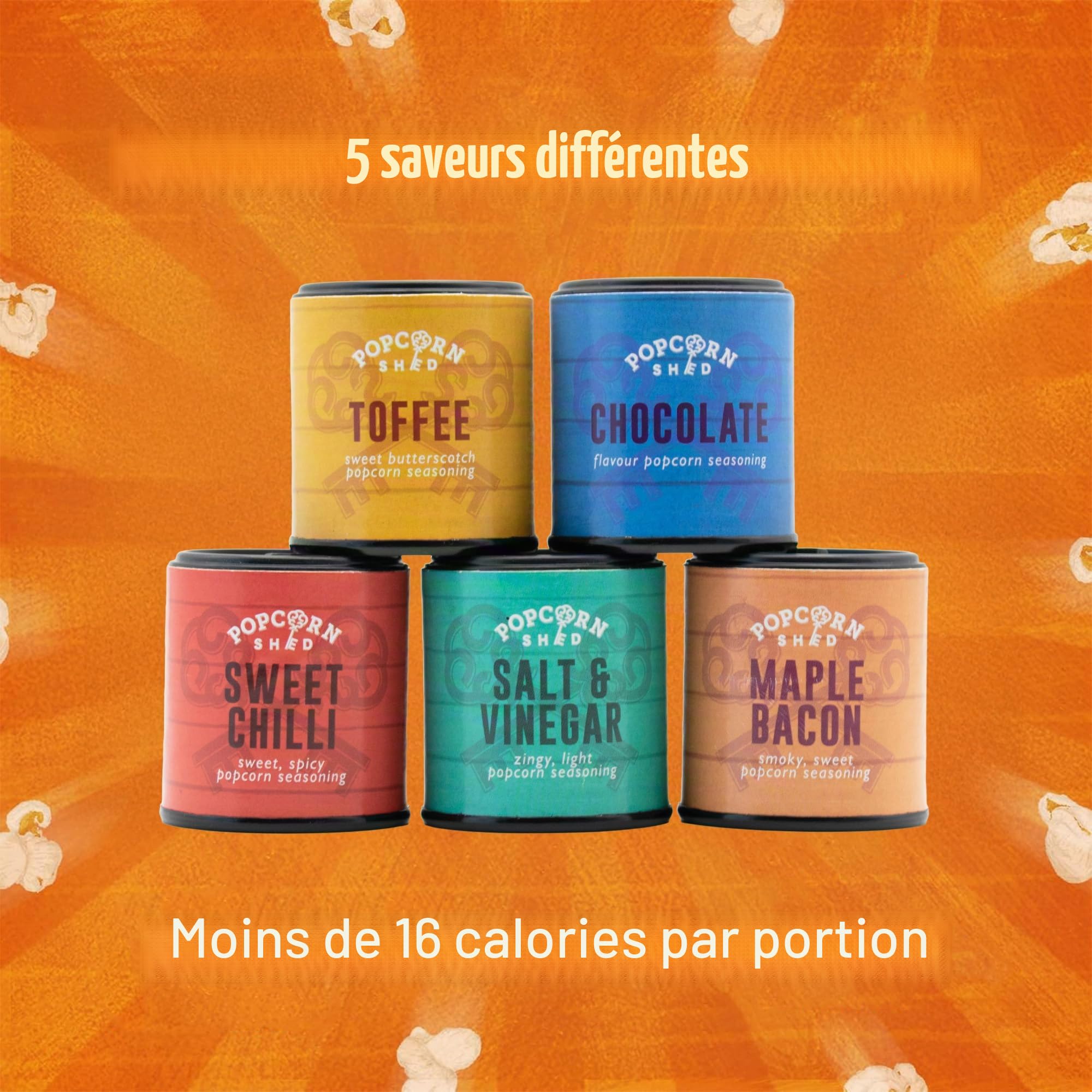 Kit de condiments pour pop-corn à faire soi-même Popcorn Shed pour soirée cinéma (5 condiments & 500g de grains à éclater) - Assaisonnements pour pop-corn sucrés et salés, snack facile et faible en
