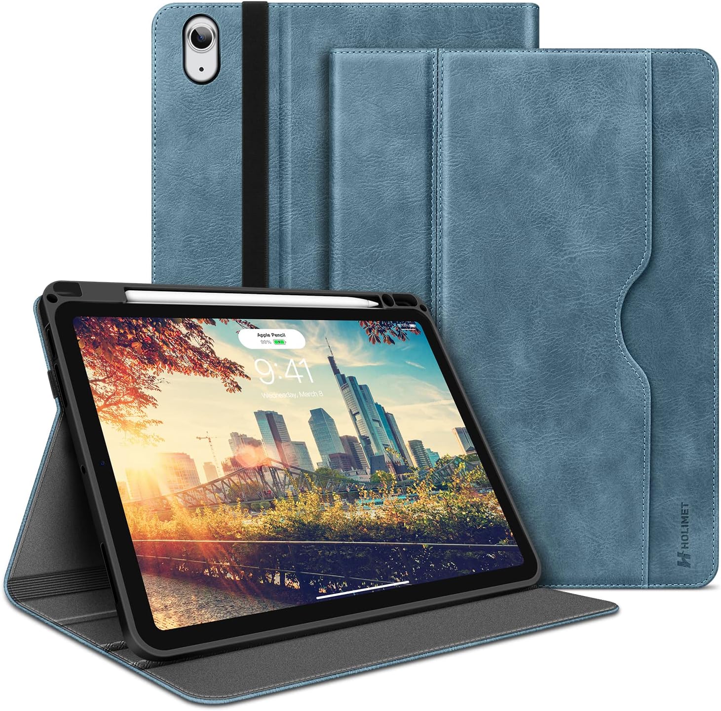 H HOLIMET Case for iPad Air 13 Inch Case M3 2025/M2 2024 with Pencil Holder Shockproof Folio Cover, Auto Sleep/Wake, Vegan Leather (Blue)