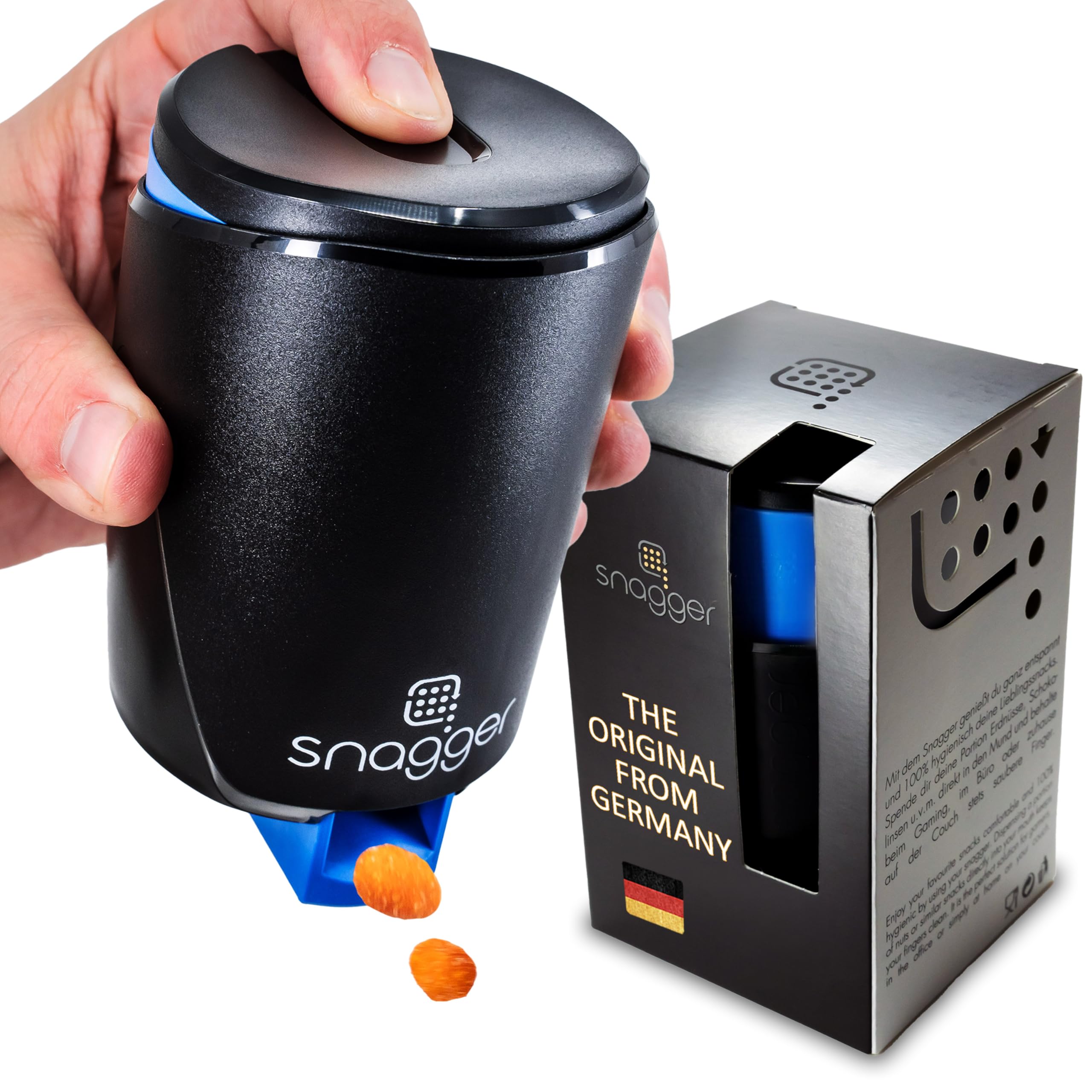 snagger - Il distributore di snack // Mani pulite mentre si mangia // Adatto per arachidi, caramelle, e altro // Regalo per uomini e giocatori // Prodotto in Germania (nero-blu)
