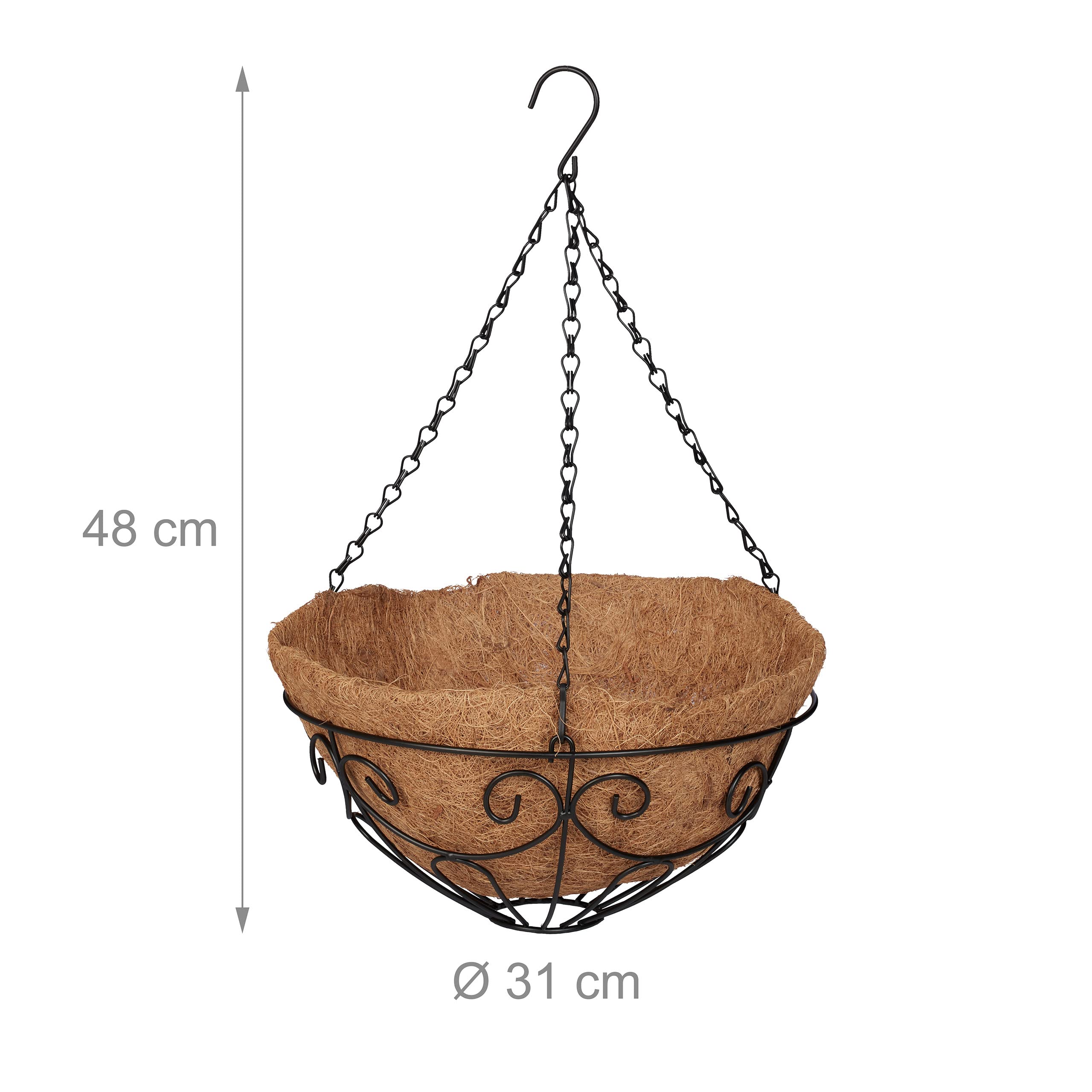 Relaxdays Vasi Sospesi per Piante, Set 3 Portavasi in Fibra di Cocco e Ferro, HD 48x31 cm, Indoor&Outdoor, Nero Naturale