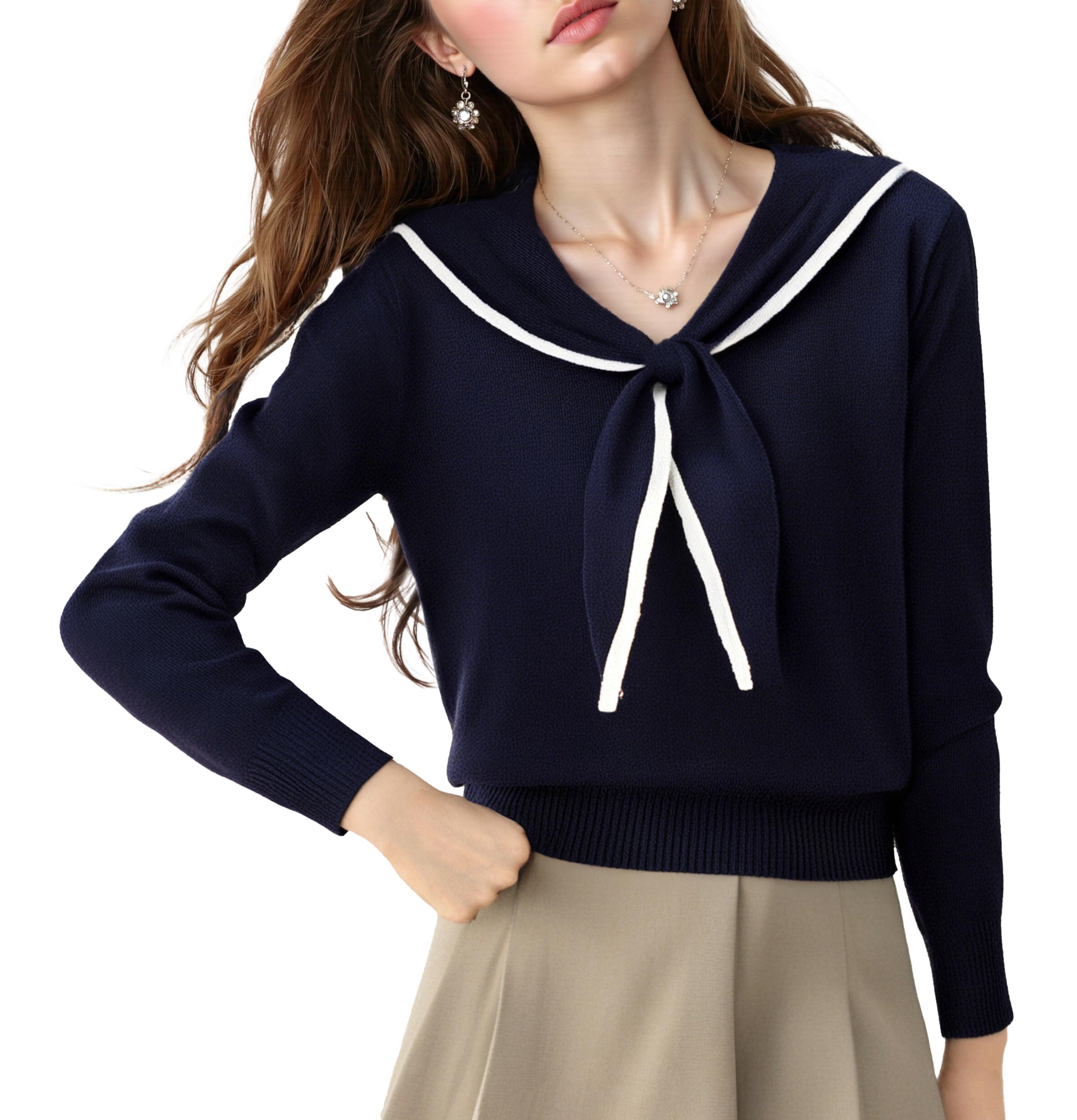 LAI MENG FIVE CATS Womens Sailor Collar Long Sleeve V-Neck Stripe Button Knit Top Shirt Blouse Sweater