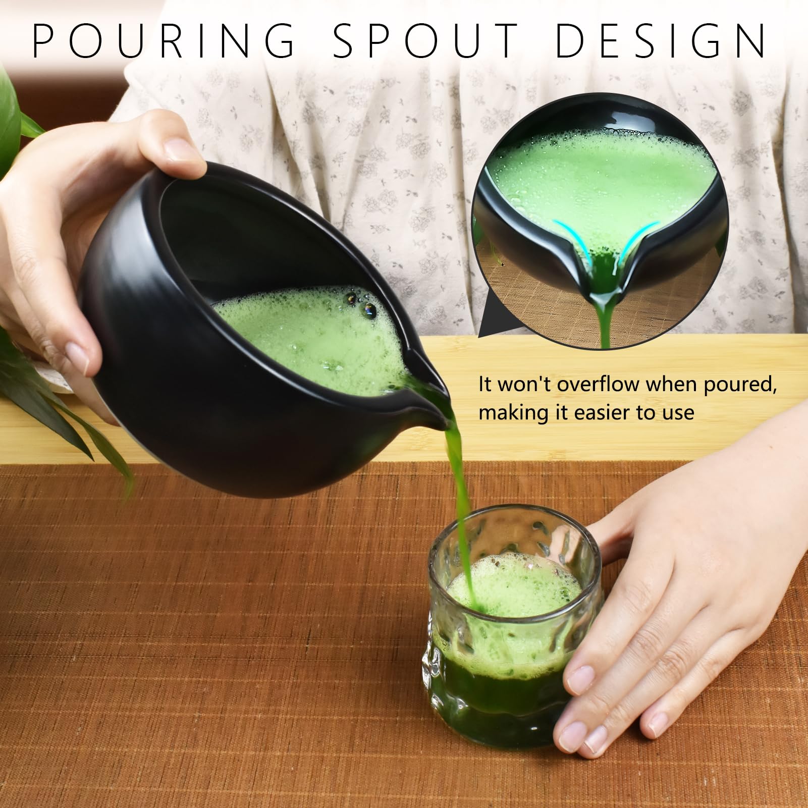 Artcome Kit completo per cerimonia del tè Matcha, 7 pezzi, ciotola con beccuccio, frusta, paletta, colino per preparare Usucha, Koicha e Latte (nero)
