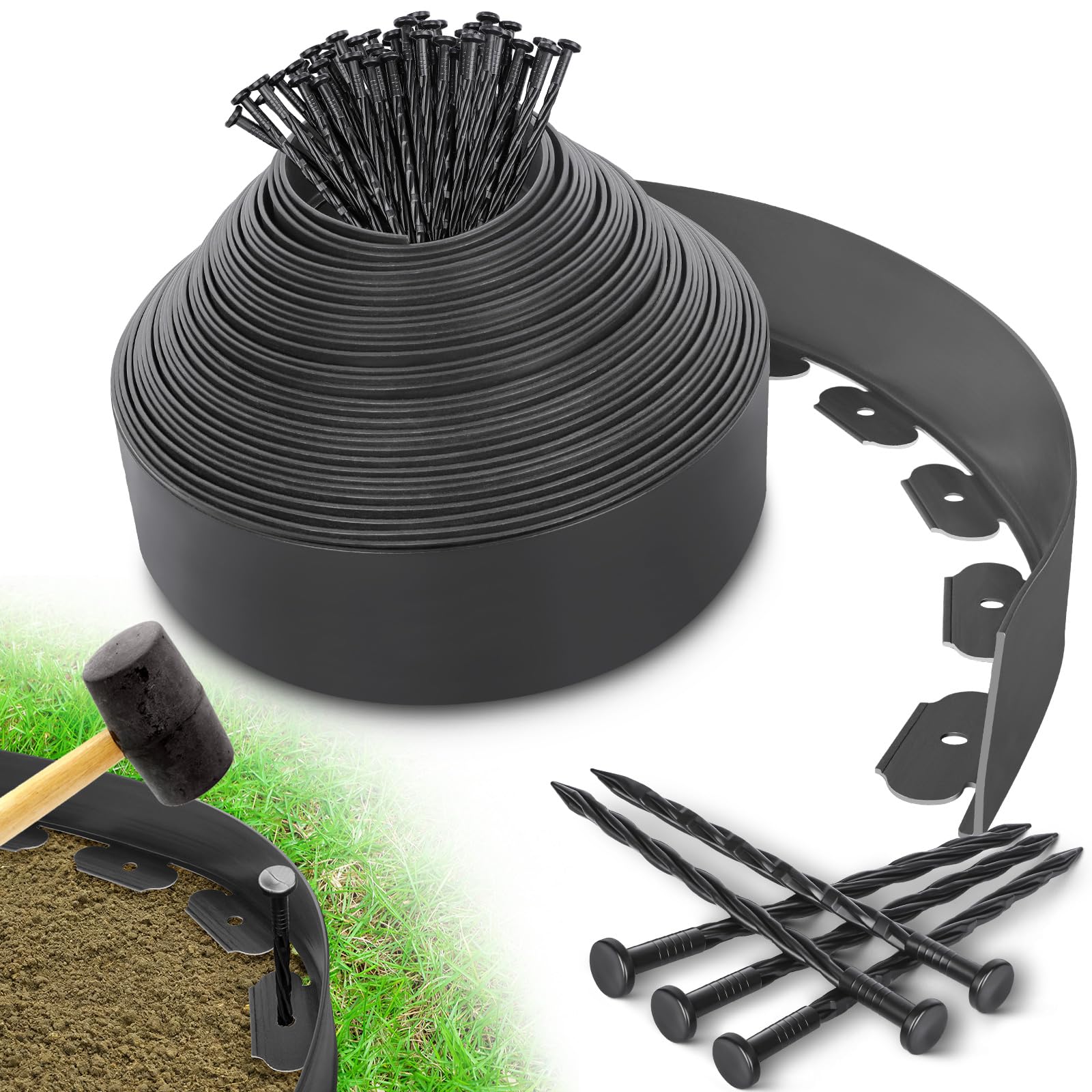 Photo 1 of 4IN x 50FT Landscape Edging Border with 75 Spikes, Plastic Edging for Landscaping, No Dig Garden Border Edging Kit for Flower Beds, Lawn, Yard, Paver Pathway