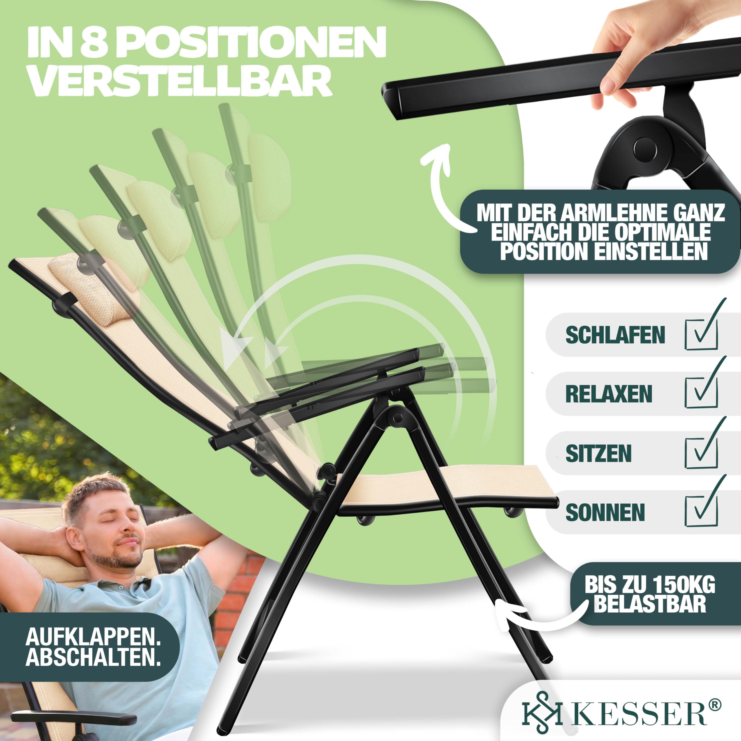 KESSER® Sedia da giardino con schienale Alto, con braccioli, in alluminio, con cuscino, regolabile in 7 posizioni, Resistente Alle Intemperie, pieghevole, 1 Unidad, Beige