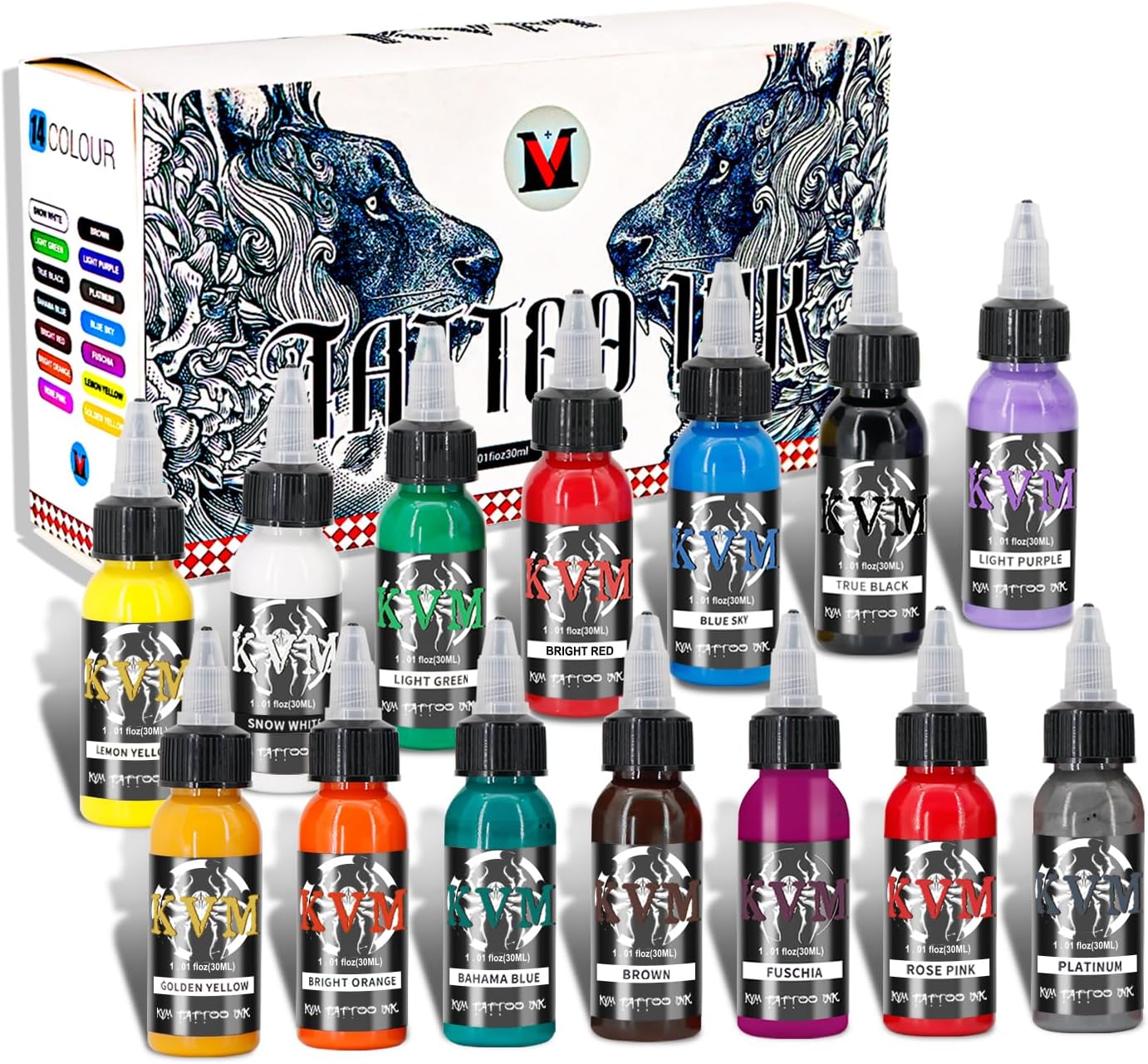 KVM Tattoo Ink Set 14 Pcs Colors 1oz (30ml) Tattoo Supply Indoor Tattoo Studio Renowned for its Smooth Flow Characteristics