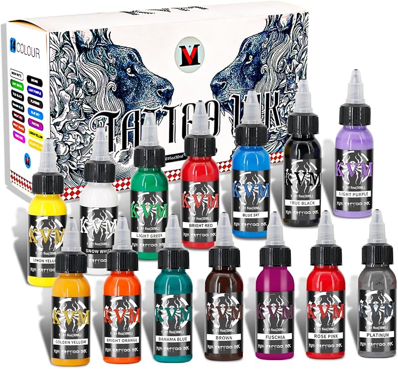 Kit de Tintas para Tatuagem KVM com 14 Cores, Frascos de 30 mL