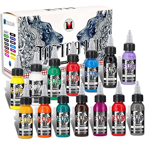 KVM Tattoo Ink Set 14 Pcs Colors 1oz (30ml) Tattoo Supply Indoor Tattoo Studio Renowned for its Smooth Flow Characteristics