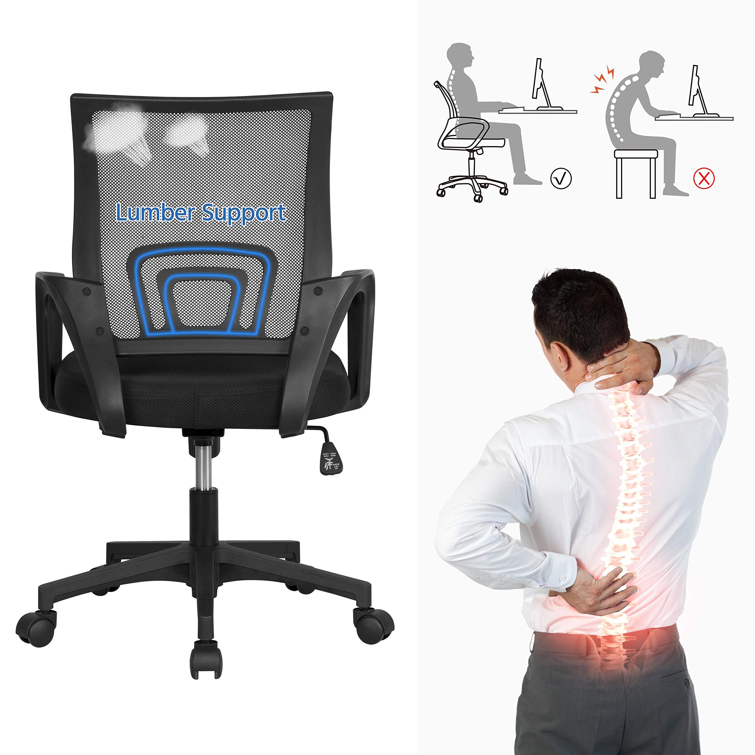 Sedia da Ufficio Scrivania con Rotelle Girevoli e Braccioli Ergonomica Lombare e con Altezza Regolabile Imbottita e Rete Traspirante Portata 136 kg Nero