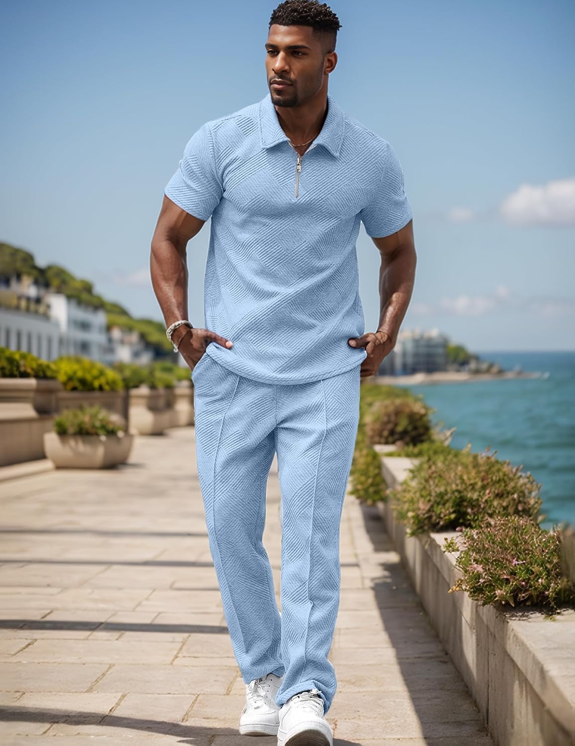 UOUA Mens Sweat Suits Set Tracksuit 2 Piece Outfits Short Sleeve Casual Sweatshirt & Loose Jogging Pants - Image 3