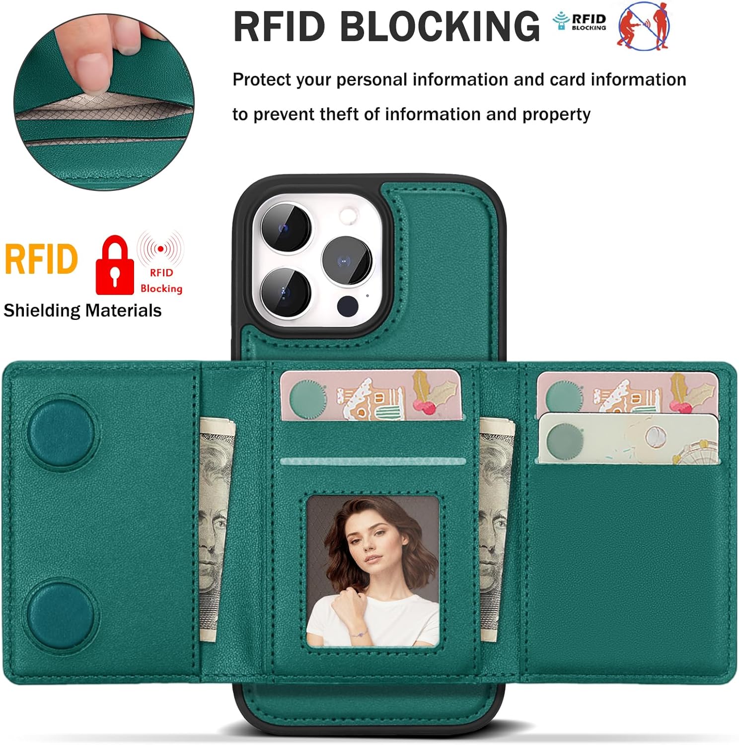 for iPhone 16 pro max Wallet Case, 2-in-1 Detachable Wallet Case, Card Holder RFID Blocking, Fashionable Faux Leather Card Slot & Folding Design (Green 6.9'')