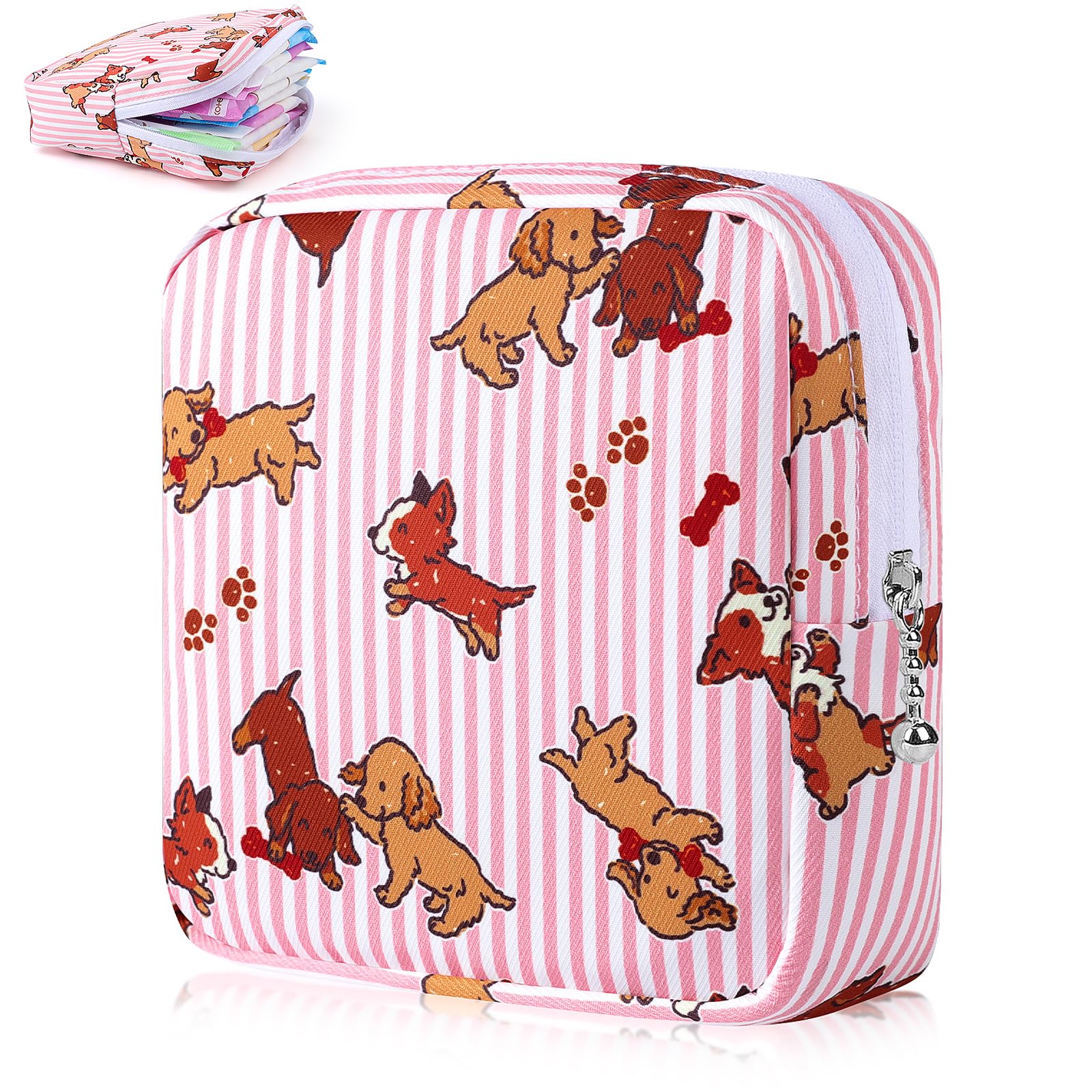 Sanitary Pad Storage Bag Portable Period Bag for Teen Pads/Sanitary Napkins/Small Tampons, Sanitary Napkin Storage Bag First Period Gifts for Teen Girls (Pink Striped Dog)