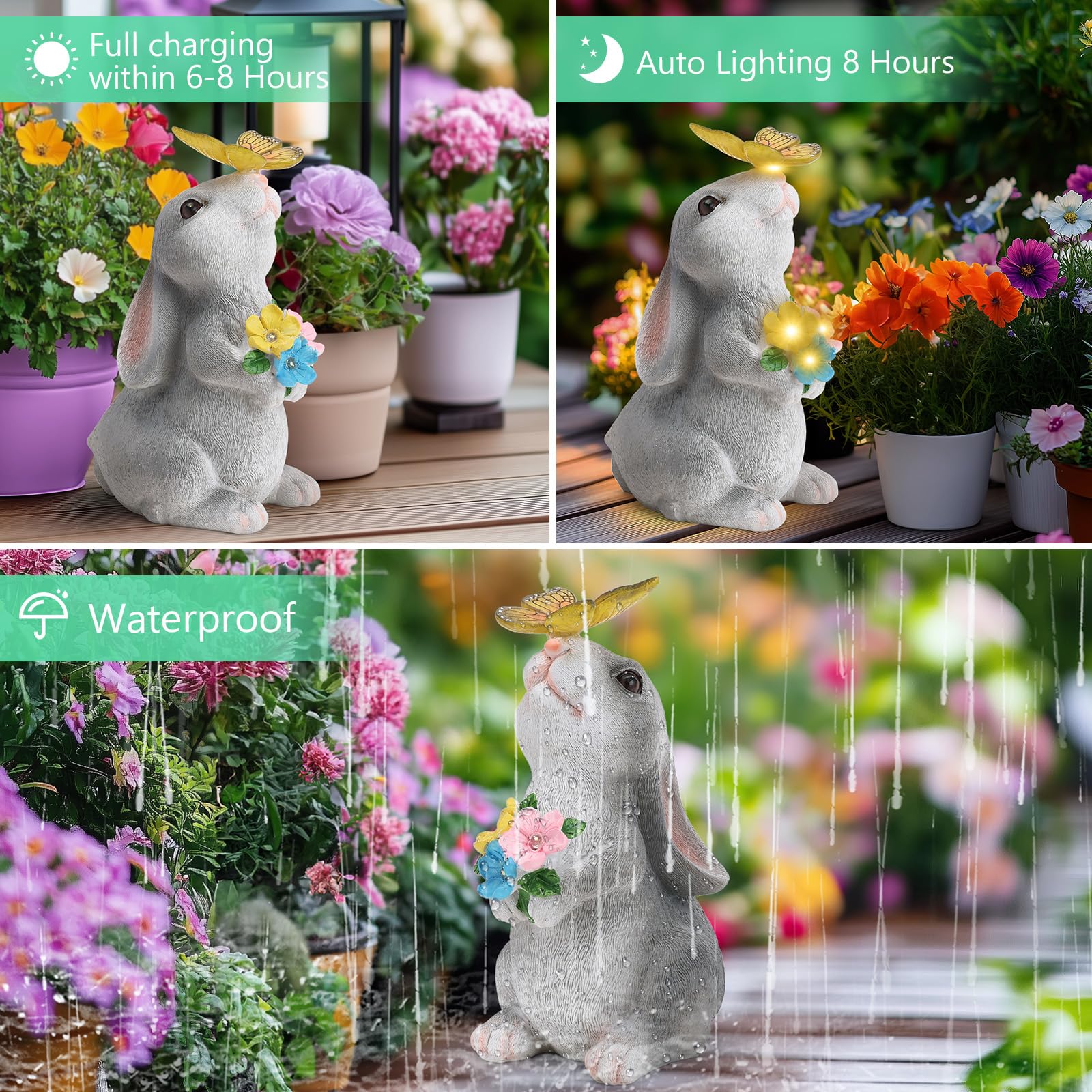 Cuteefun Statue Solaire de Jardin Lapin Ornament Outdoor, Figurine d'animal de Jardin avec Lumière Solaire, Lapin Décoratif pour la Cour, Cadeau de Pendaison de Crémaillère