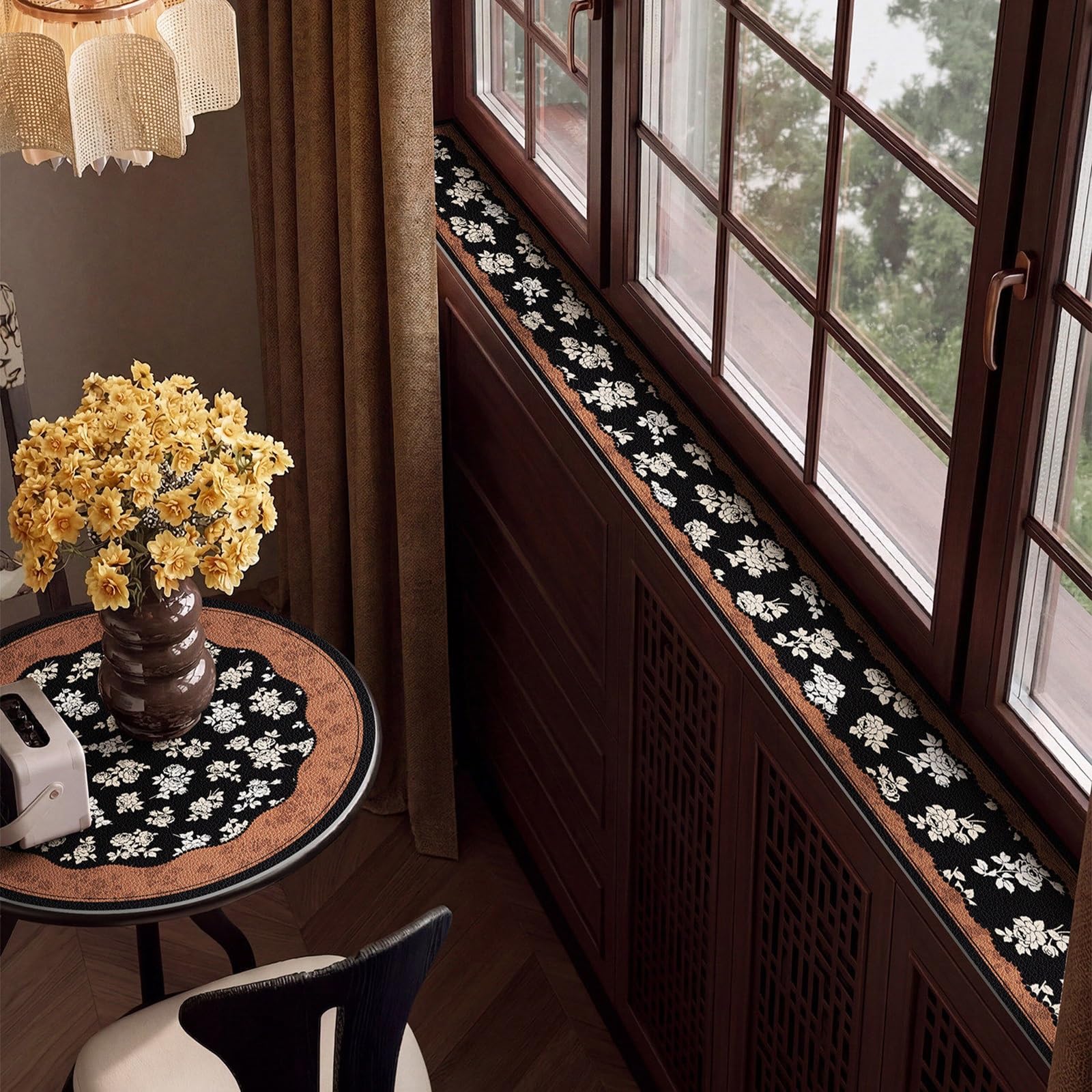 YCYHXJB PVC Window Sill Mat American Style, Decorative Narrow Window Sill Protector Cover, Easy to Clean, Cuttable and Customizable(Brown,100x15 cm/39x6 in)